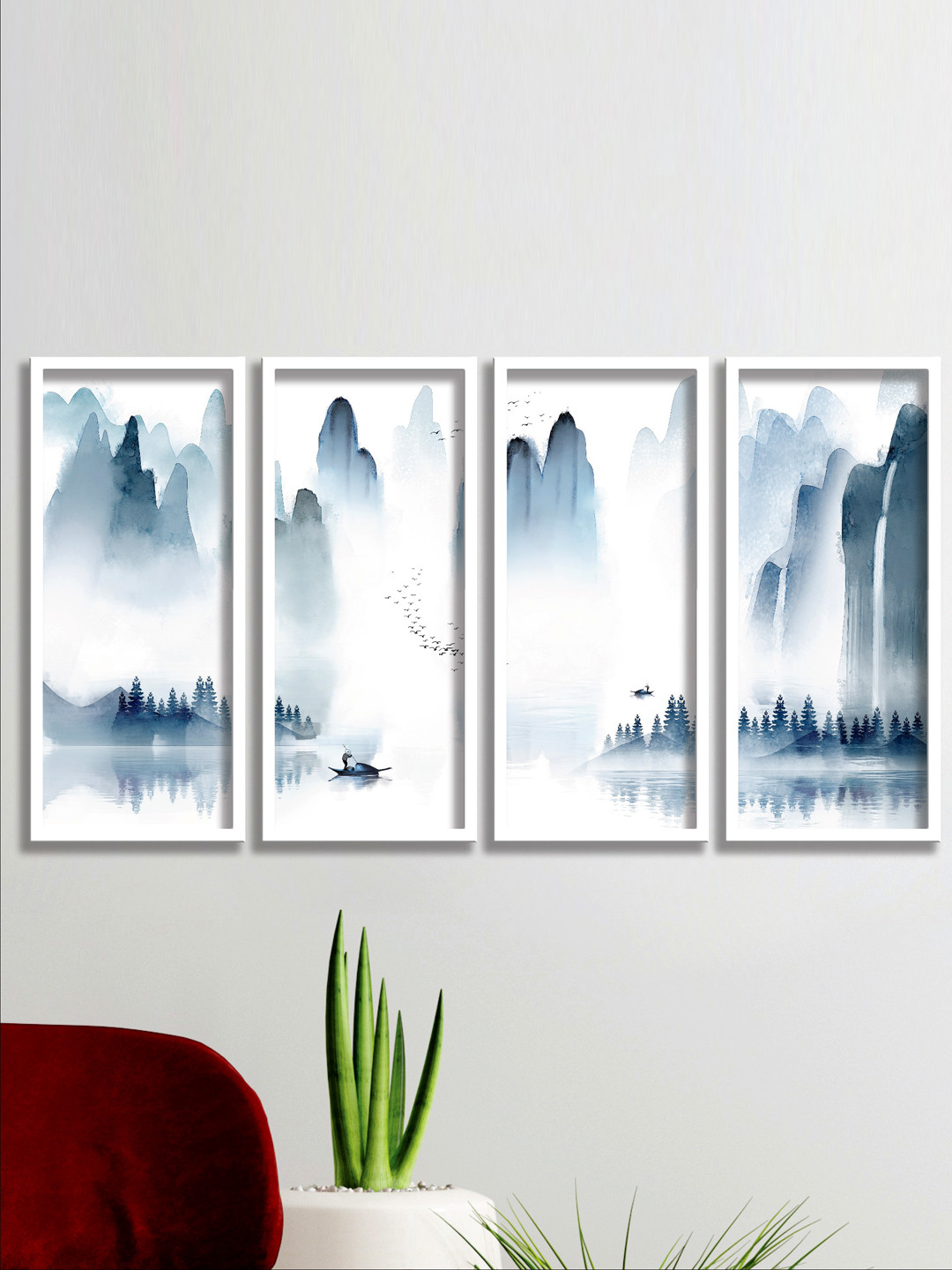 SAF 4-Pcs White & Blue Modern Painting Wall Art