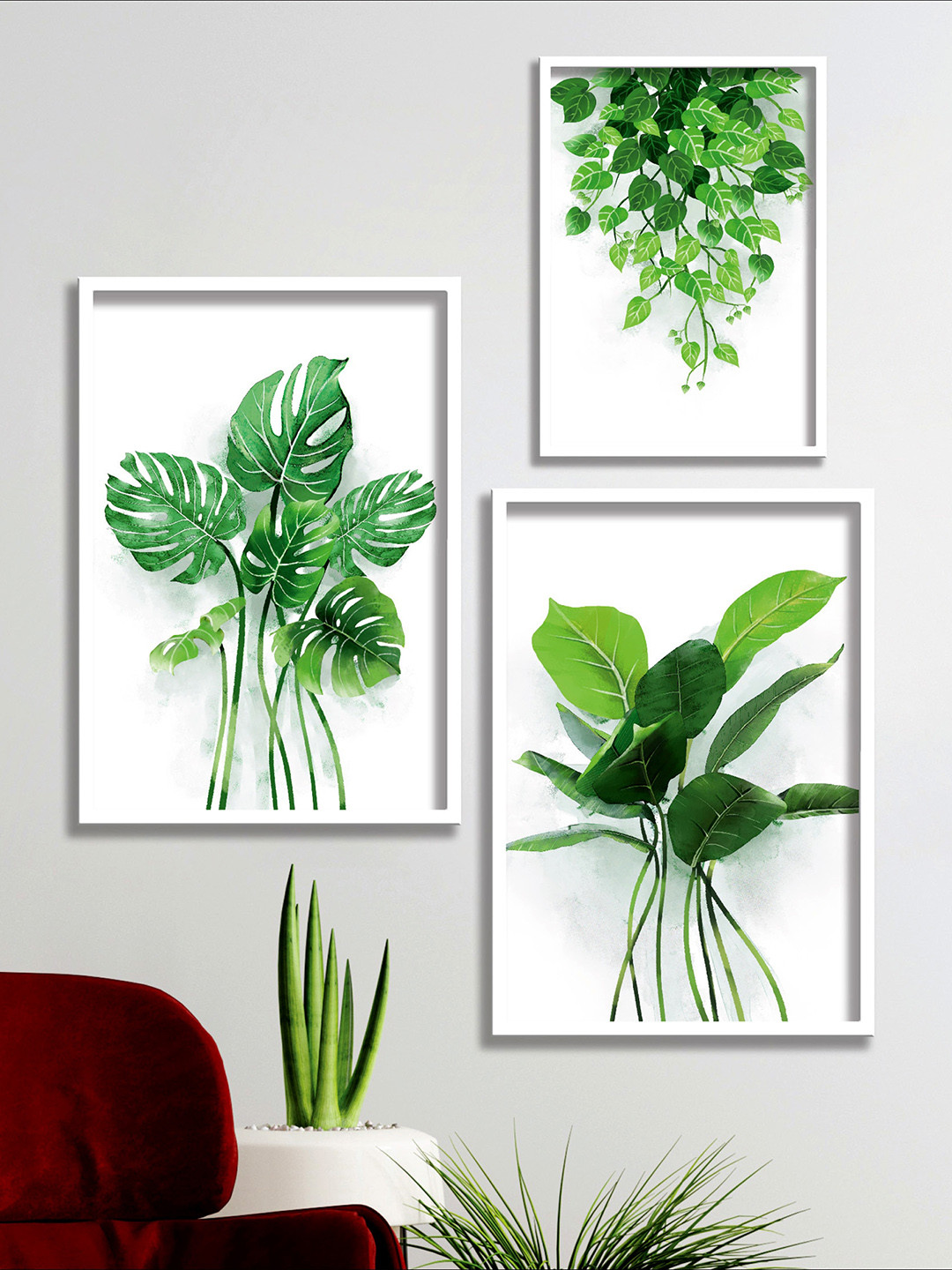 SAF 3Pcs White & Green Leaves Modern Art Framed Wall Art
