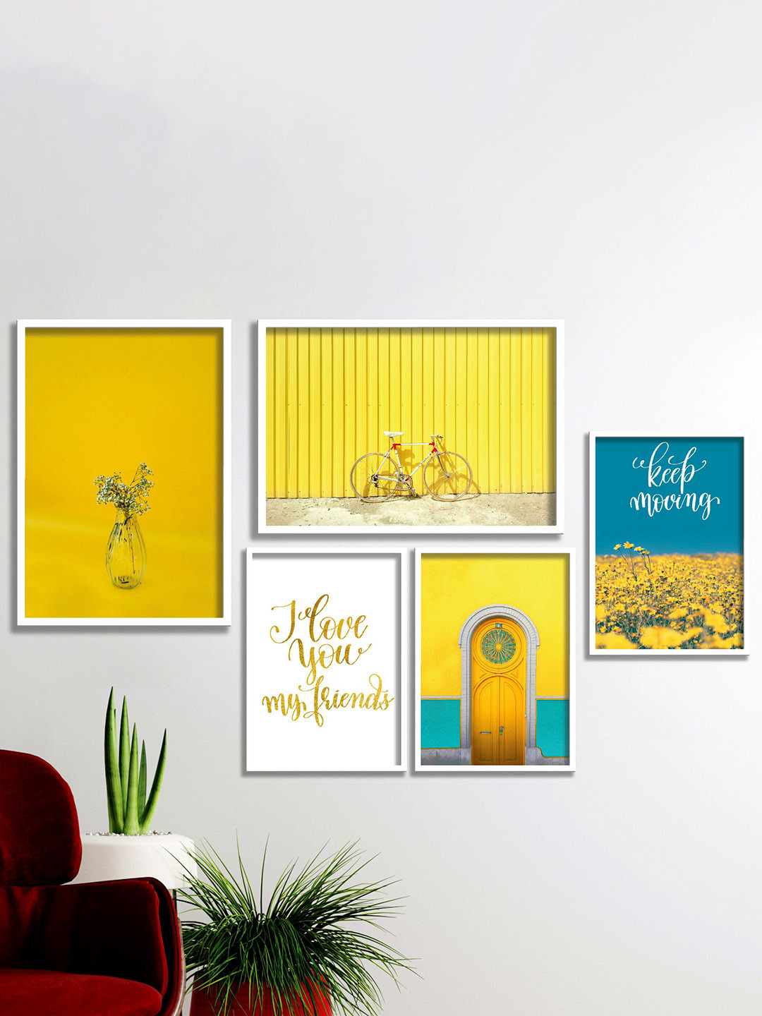 SAF Yellow & Blue 5-Pieces Modern Art Printed Framed Wall Art