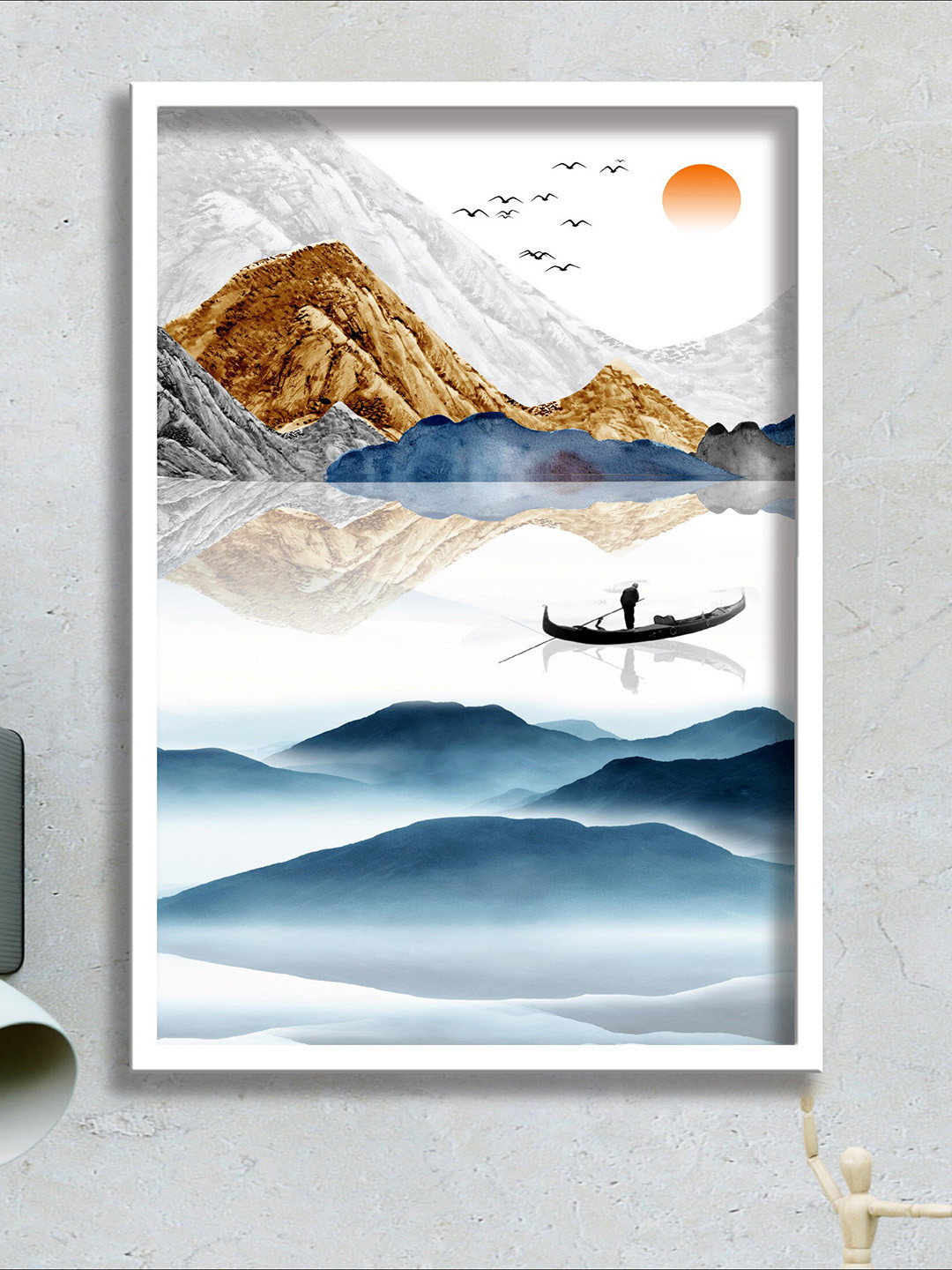 SAF White & Blue Modern Art Printed Framed Wall Art