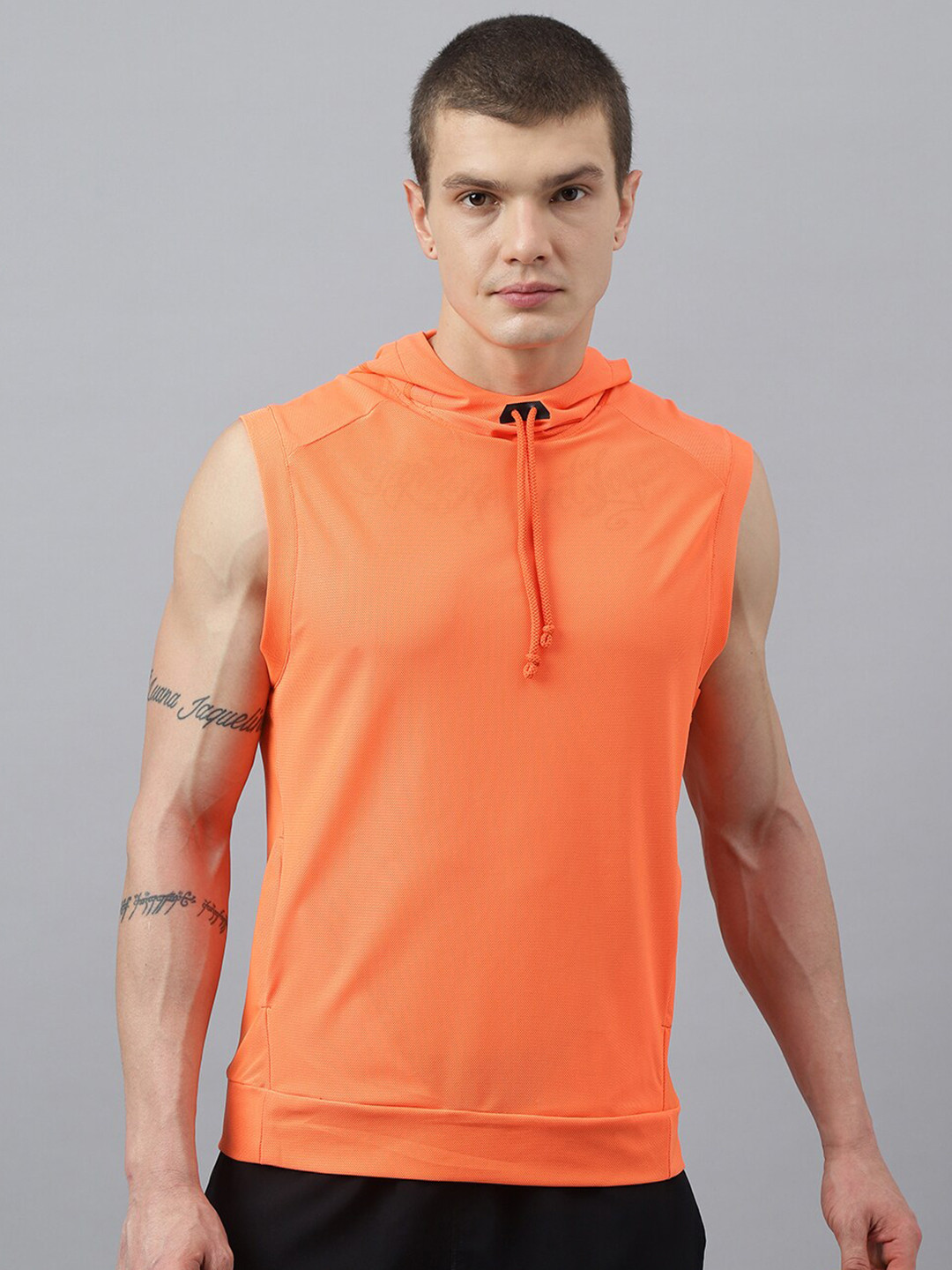 Fitkin Self Design Hooded Sleeveless Relaxed Fit Anti Odour Technology Sports T-shirt