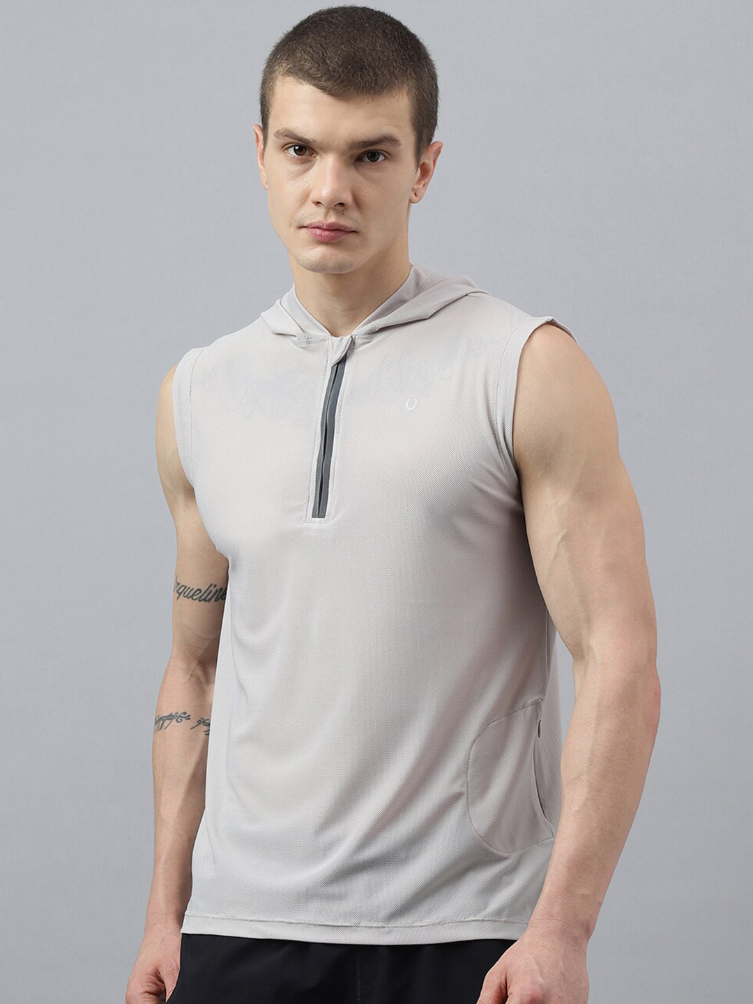 Fitkin Self Design Hooded Sleeveless Relaxed Fit Anti Odour Technology Sports T-shirt