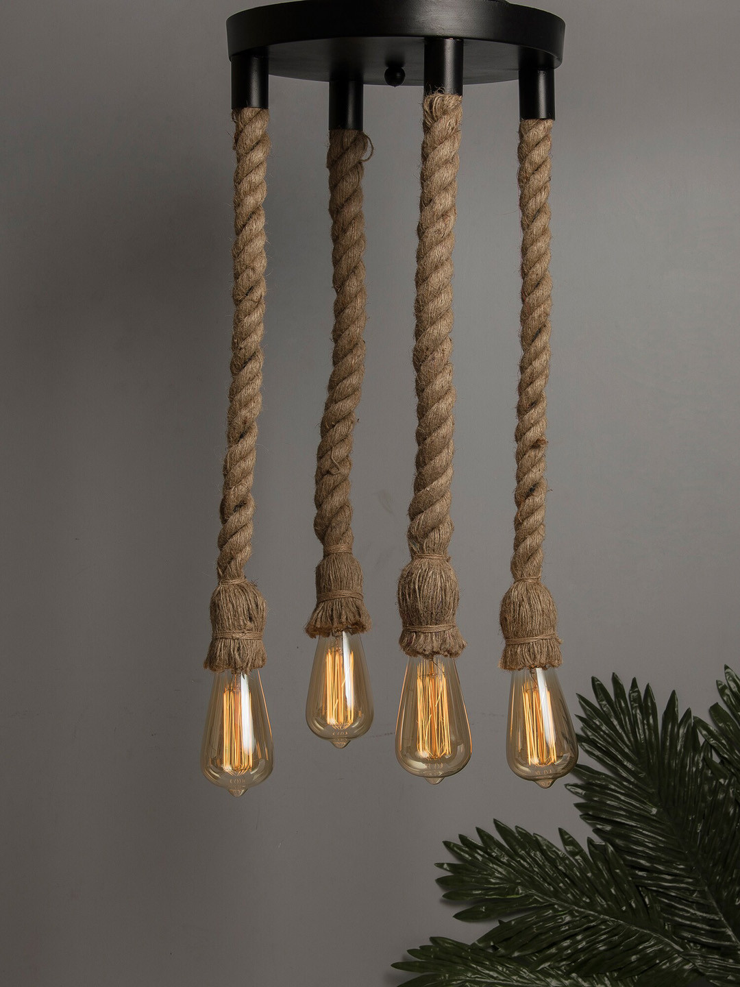 Homesake Black & Brown Textured Hanging Rustic Rope Chandelier Ceiling Lamp