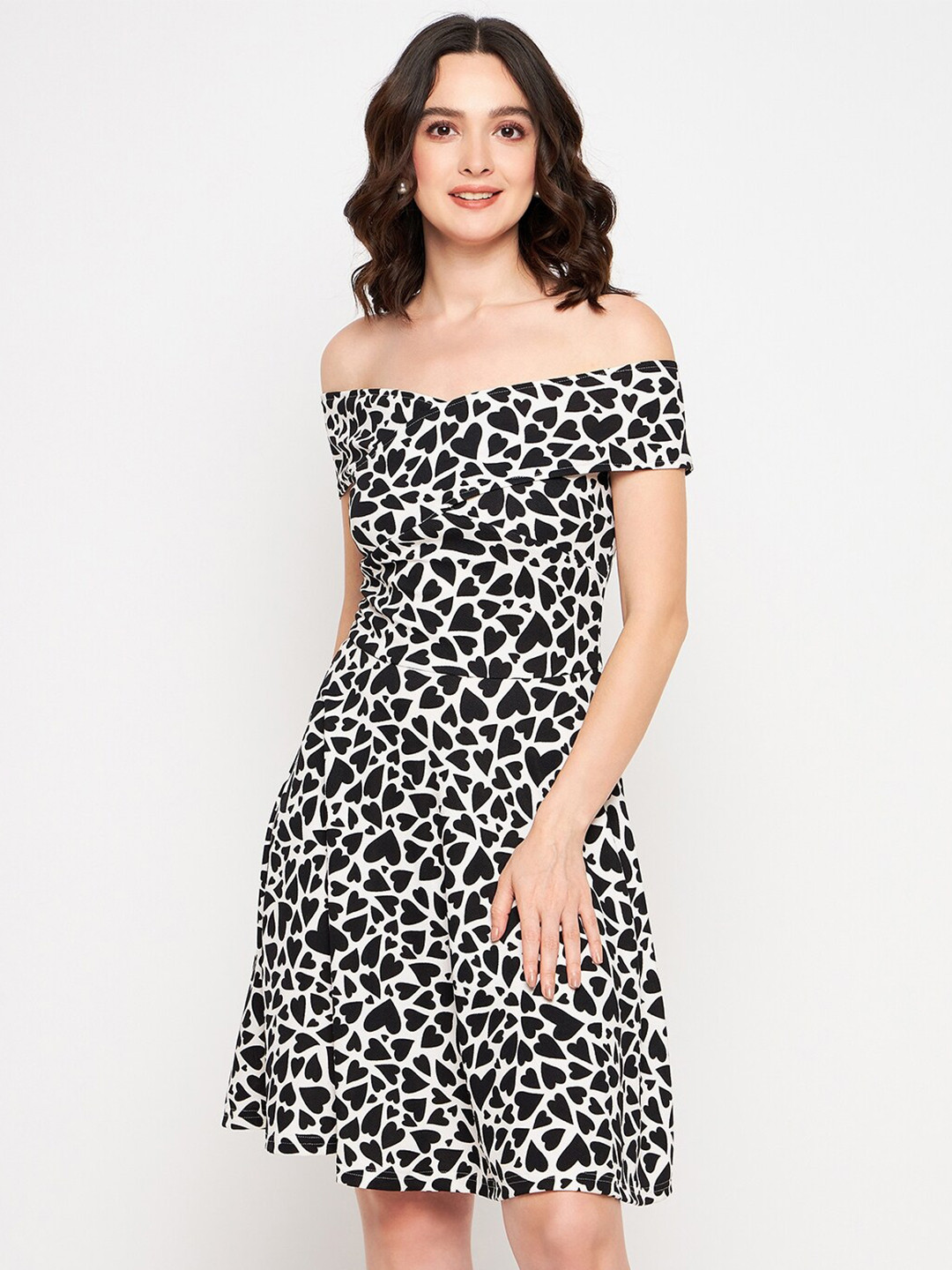 Uptownie Lite Black Abstract Printed Off-Shoulder Fit & Flare Dress