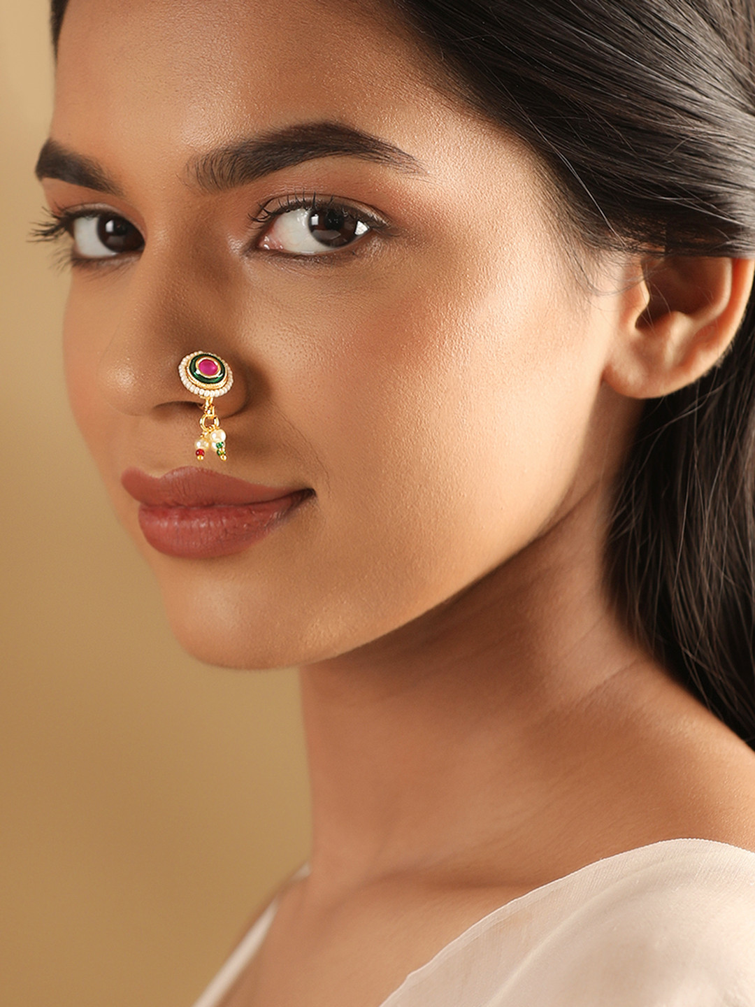 Rubans Gold-Plated CZ Studded & Pearls Beaded Nosepin