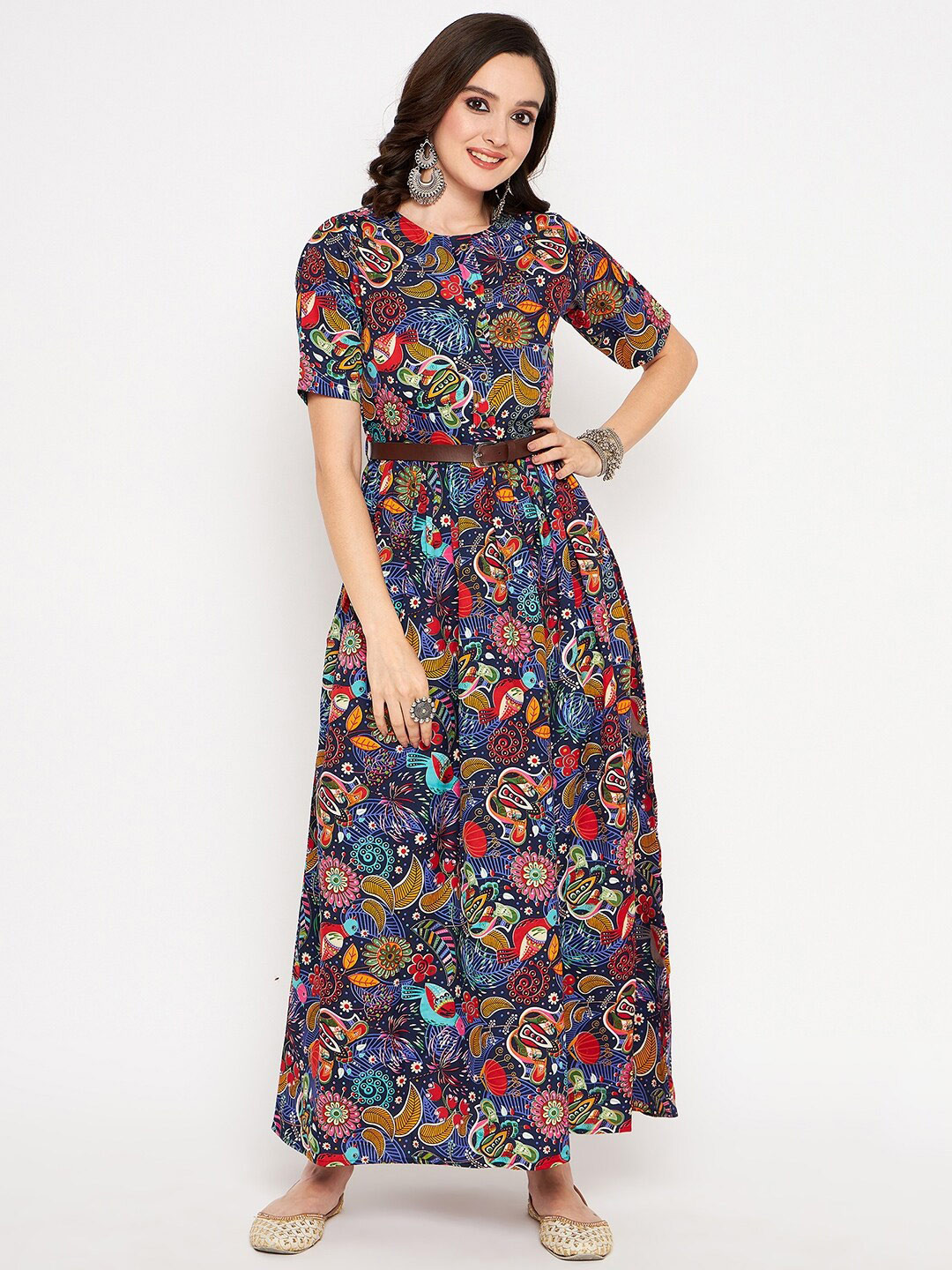 Uptownie Lite Multicoloured Ethnic Motifs Printed Round Neck Crepe Fit & Flare Maxi Dress