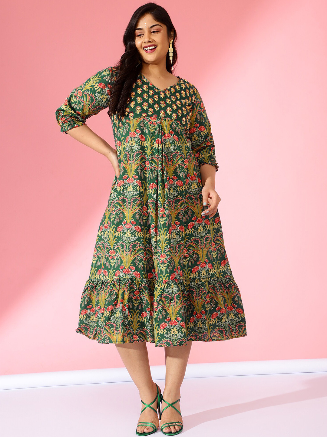Bani Women Ethnic Motifs Printed V-Neck A-Line Tiered Hem Midi Dress