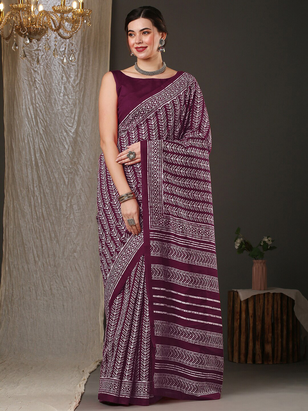 Anouk Magenta & White Batik Printed Bhagalpuri Saree