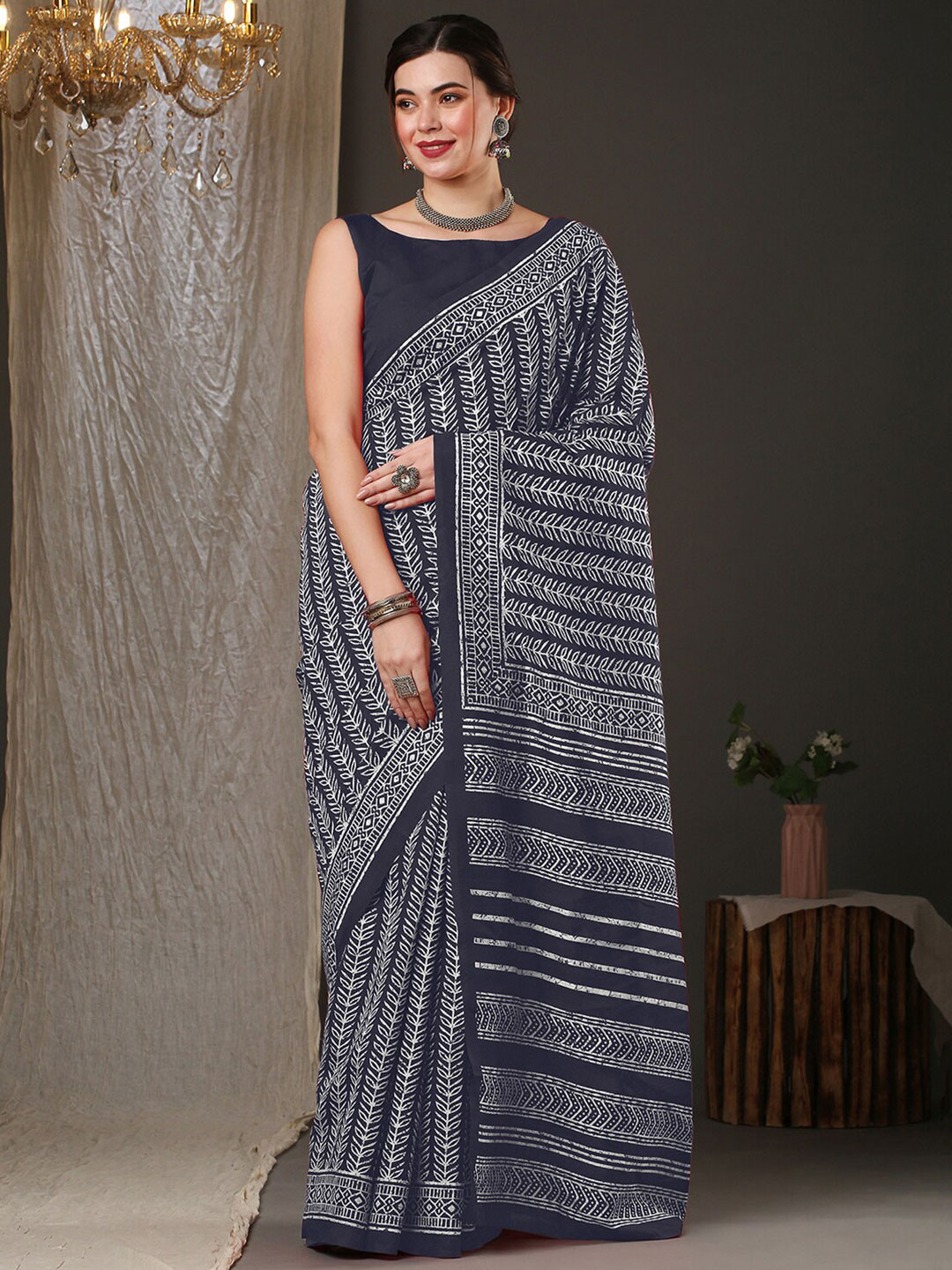 Anouk Rustic Grey & White Batik Printed Bhagalpuri Saree