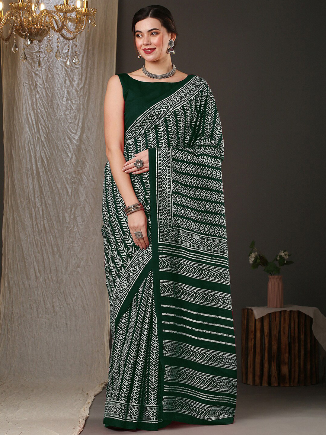 Anouk Green & White Batik Printed Bhagalpuri Saree