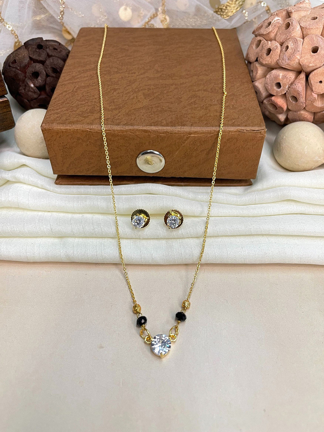 ABDESIGNS Gold-Plated American Diamond-Studded & Beaded Mangalsutra With Earrings