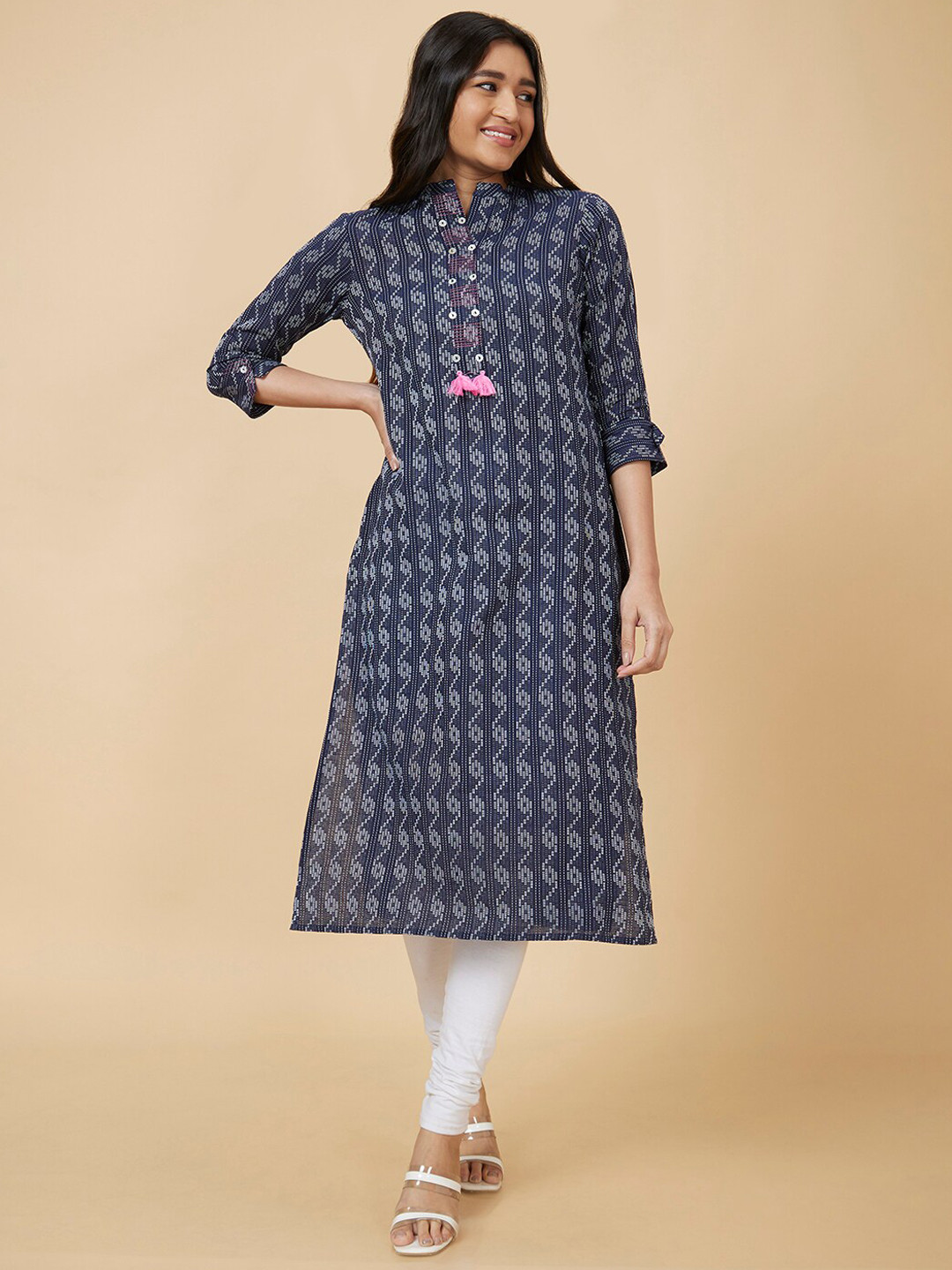 Globus Blue Woven Design Band Collar Thread Work Pure Cotton Kurta