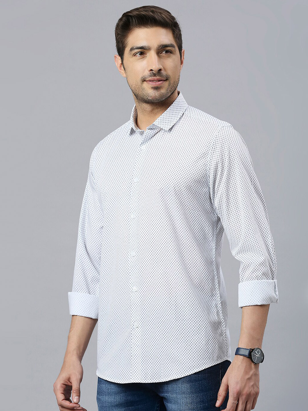 Mast & Harbour White Classic Slim Fit Micro Disty Printed Cotton Casual Shirt