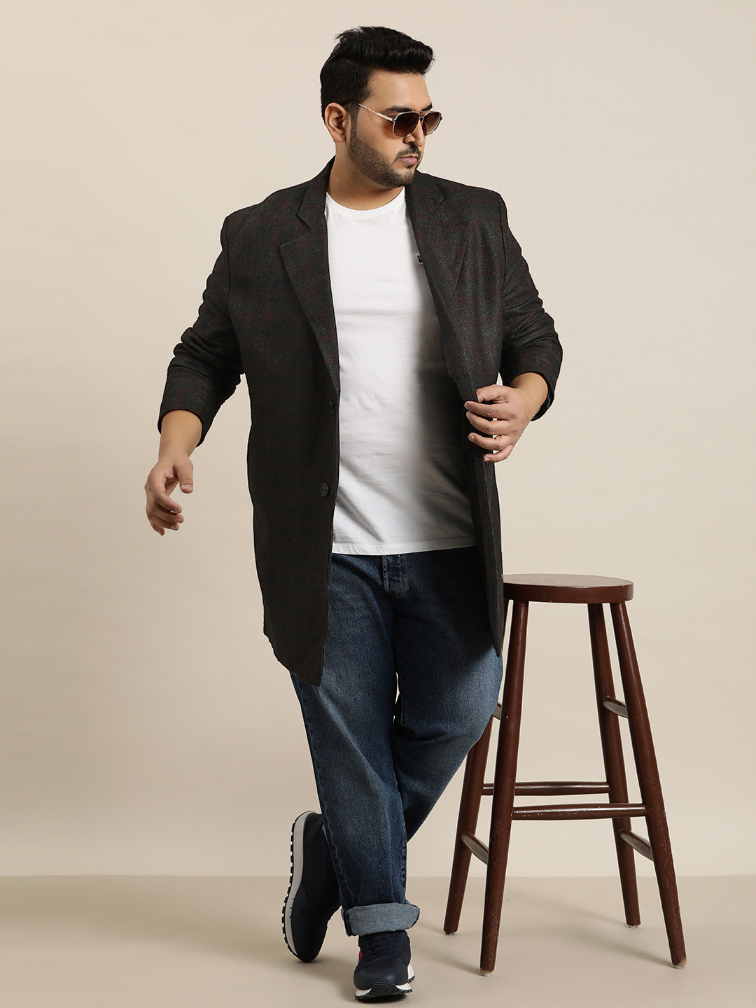 Sztori Plus Size Checked Notched Lapel Collar Longline Overcoat