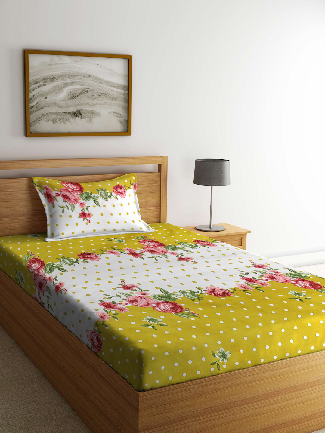KLOTTHE Yellow Floral Cotton Dotted 300 TC Single Fine Bedsheet with a Pillow Cover-89 x 59 inches