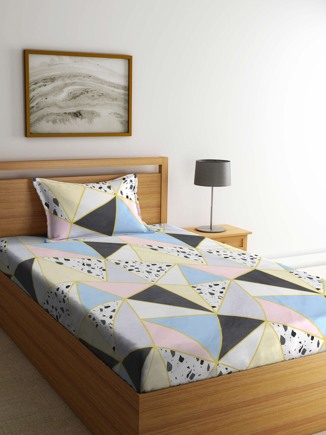 KLOTTHE Glace Blue Geometric Polycotton 300 TC Single Fine Bedsheet with a Pillow Cover-89 x 59 inches