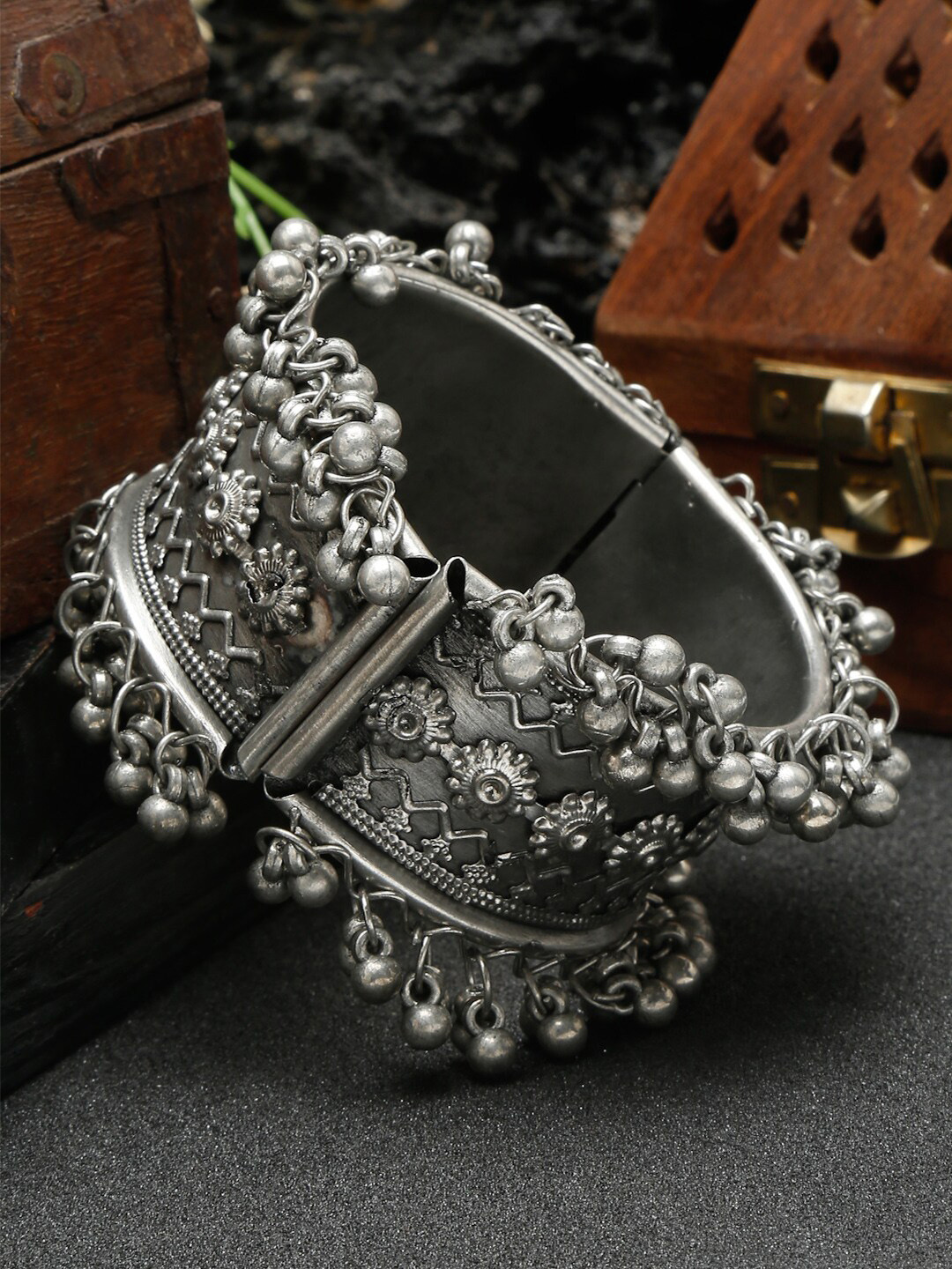 YouBella Women Silver-Plated Artificial Beads Cuff Bracelet