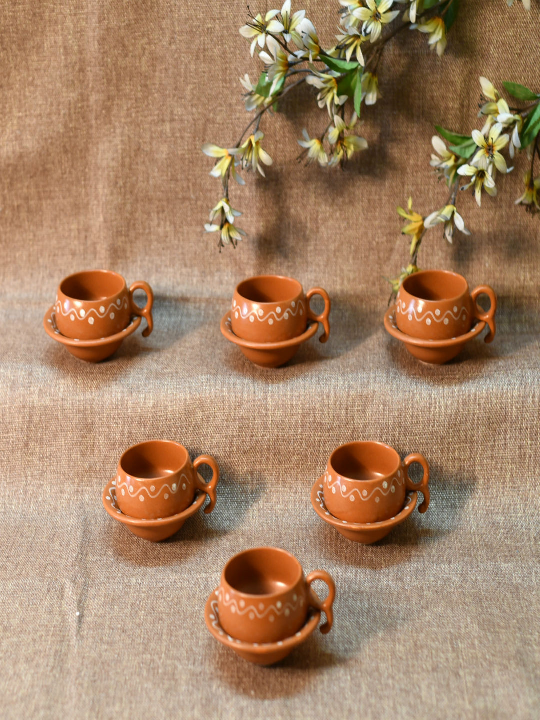 Unravel India Brown 12-Pieces Printed Stoneware Cups and Saucers Set
