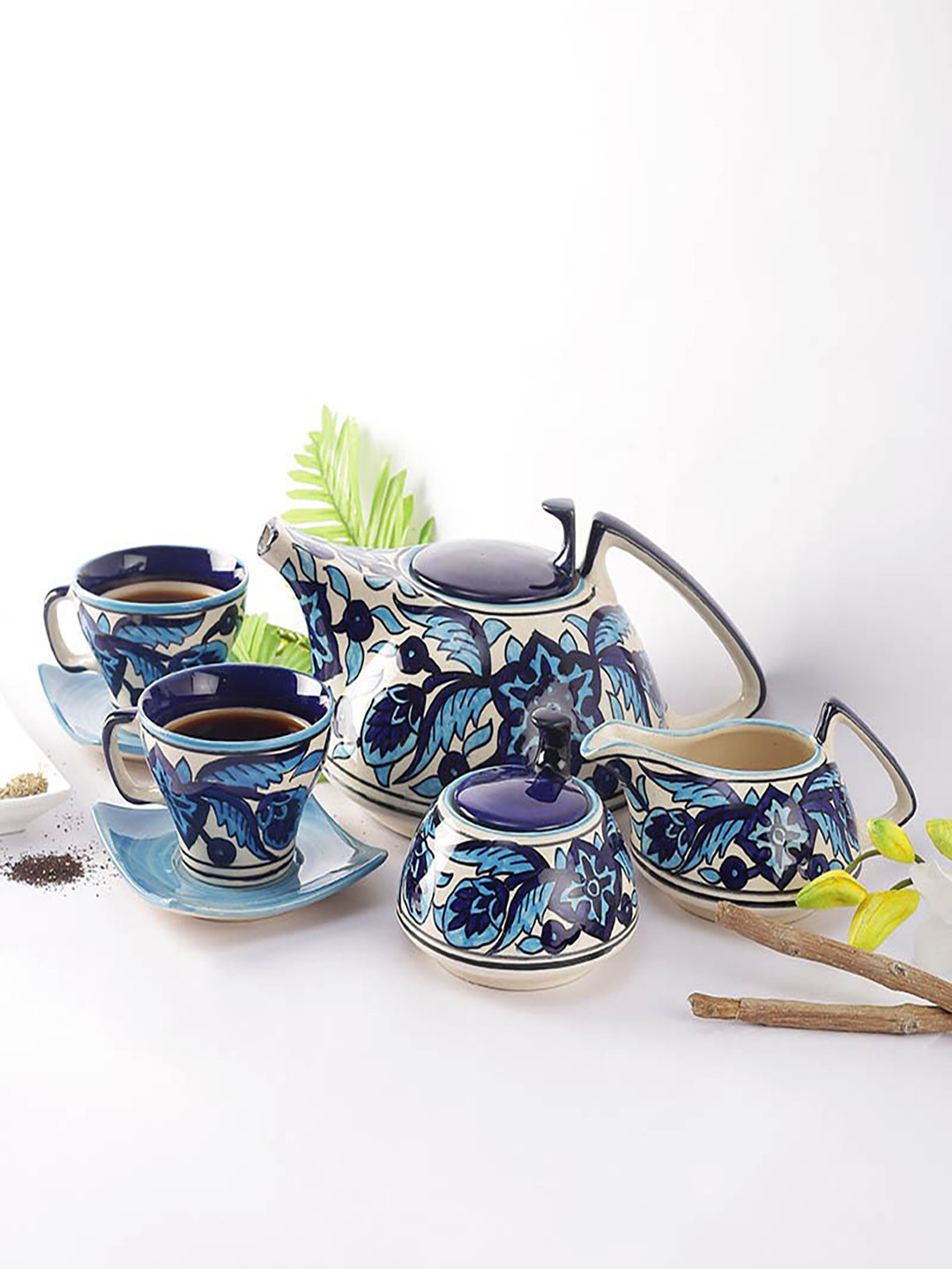 Unravel India Blue 14-Pieces Printed Stoneware Kettle Set