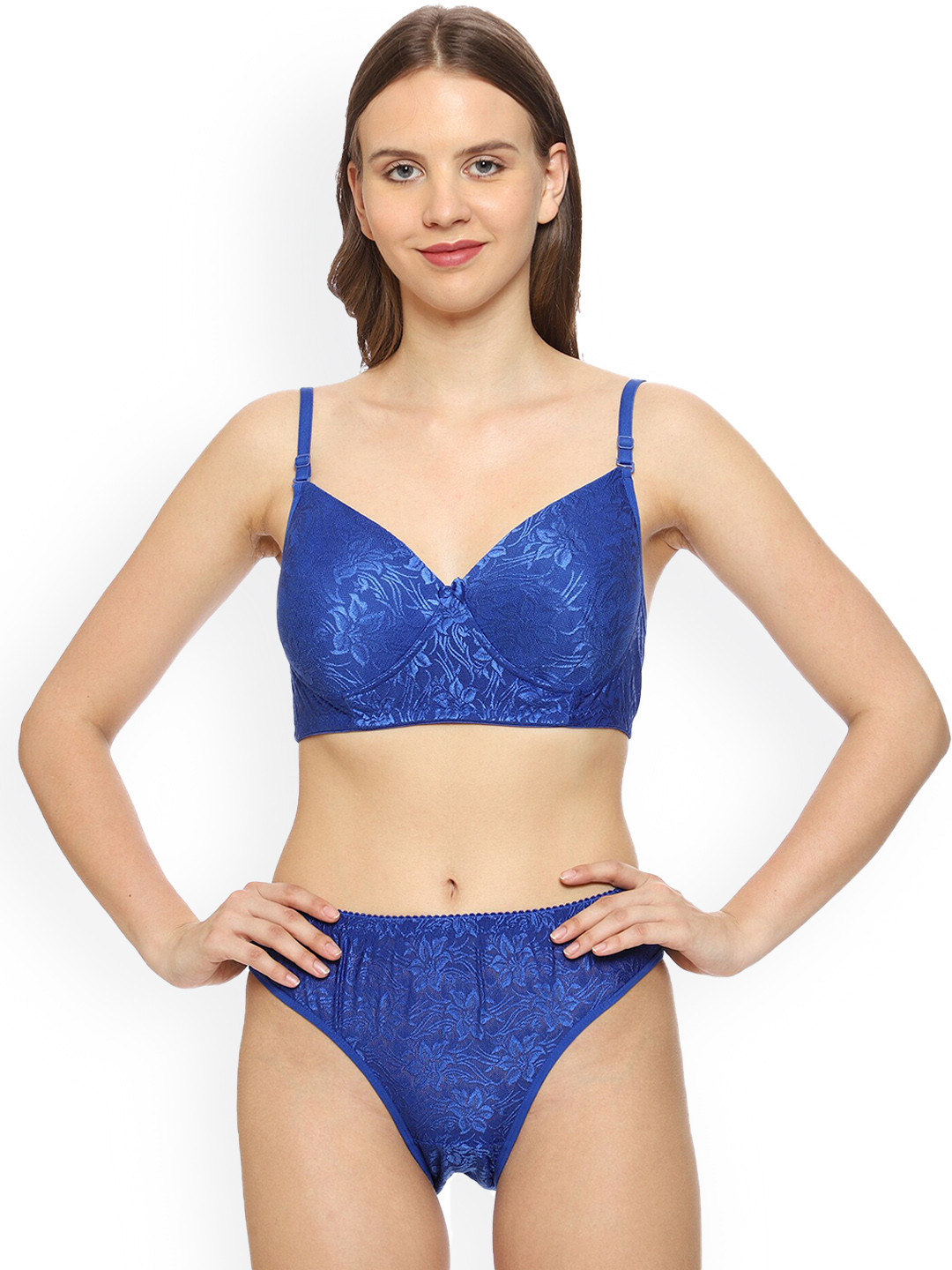 Keviv Self Design Laced Lingerie Set BP01-BLUE-32