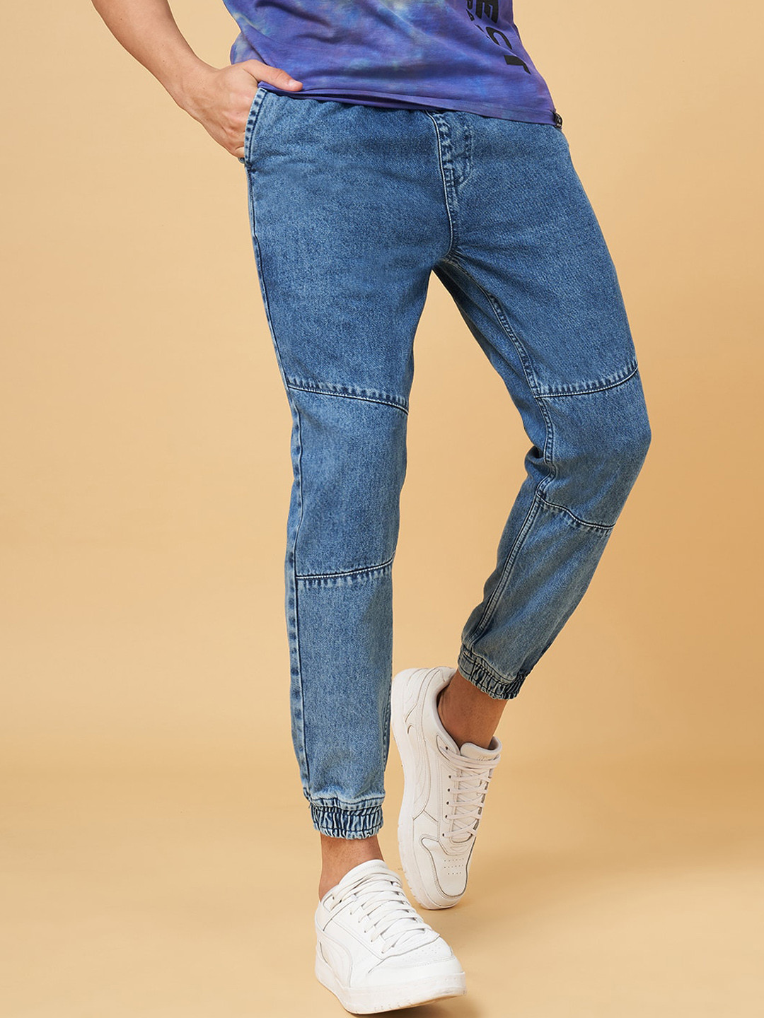 People Men Blue Mid-Rise Plain Denim Cotton Joggers