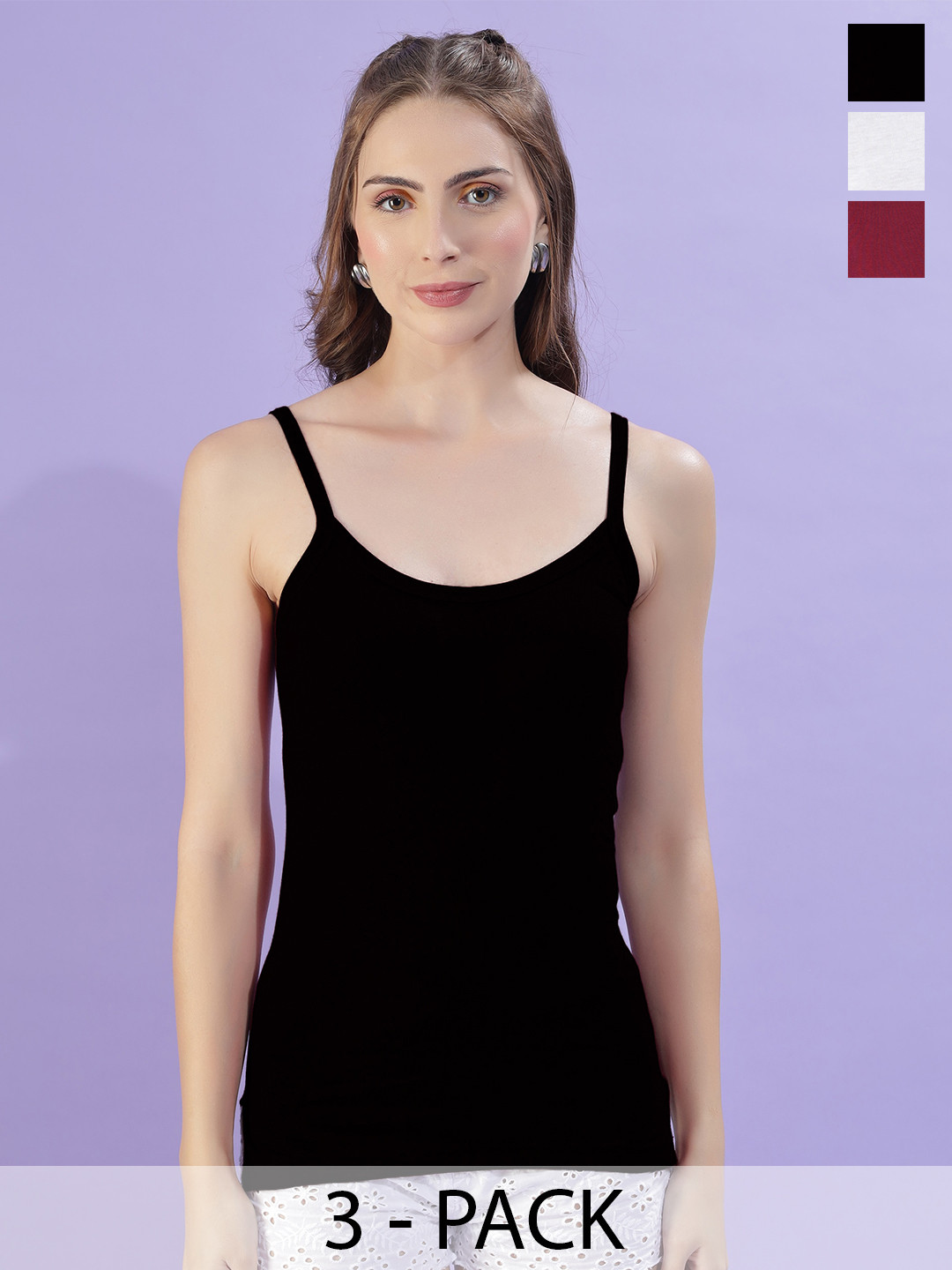 Dollar Missy Pack Of 3 Non Padded Long Combed Cotton Camisoles