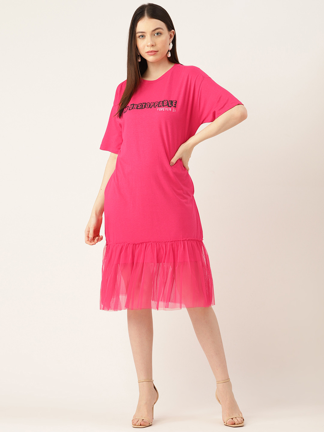 FOREVER 21 Printed T-shirt Dress with Net Hem