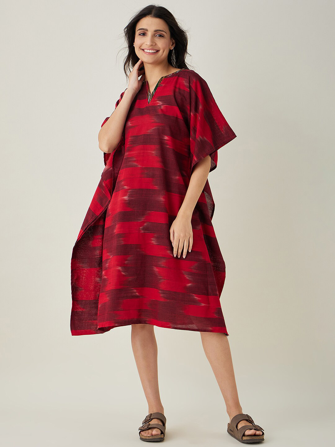The Kaftan Company Red Ikat Printed Pure Cotton Kaftan Dress