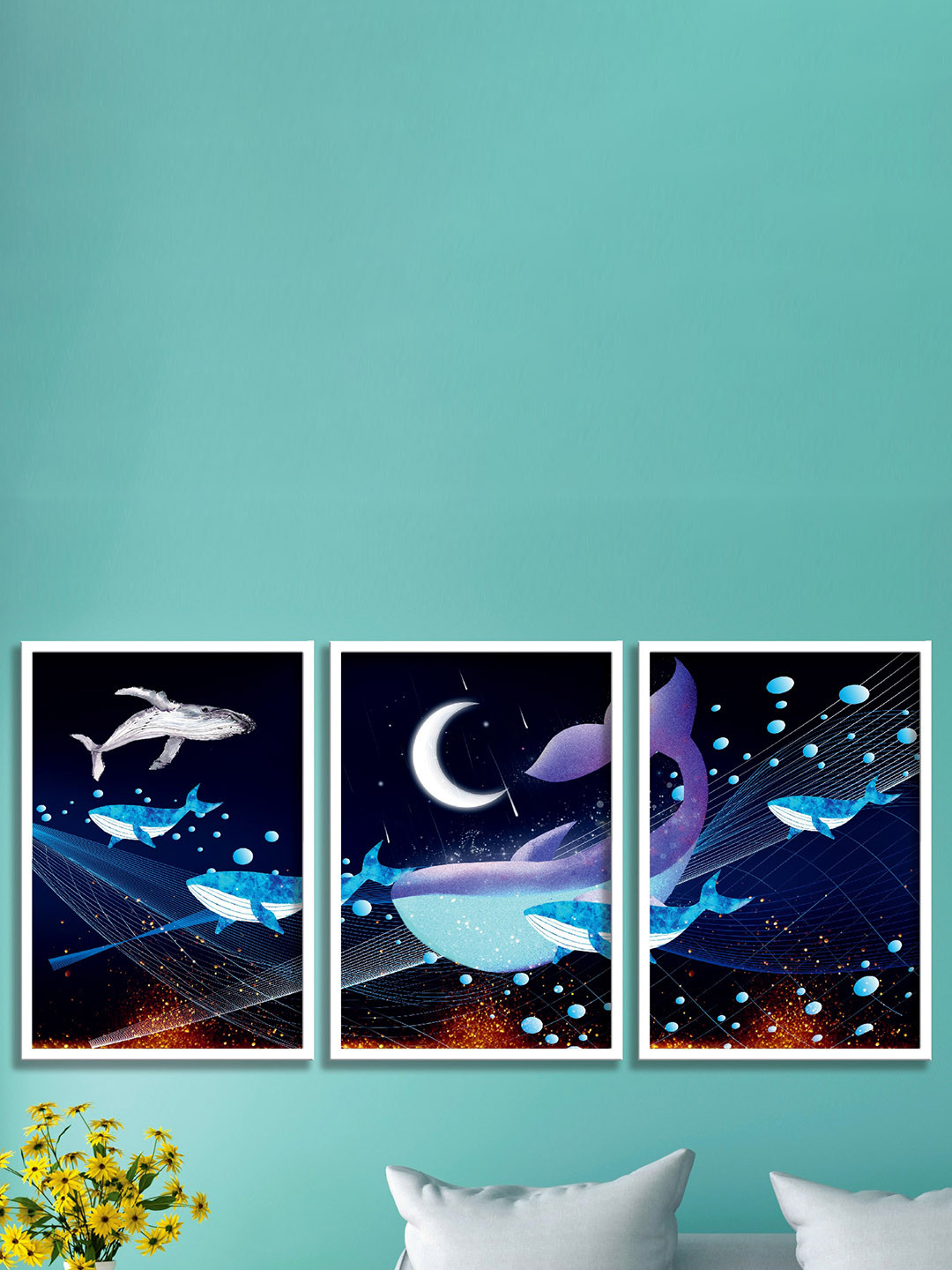 SAF 3-Pcs Blue & Black Wildlife Fish Painting Wall Art