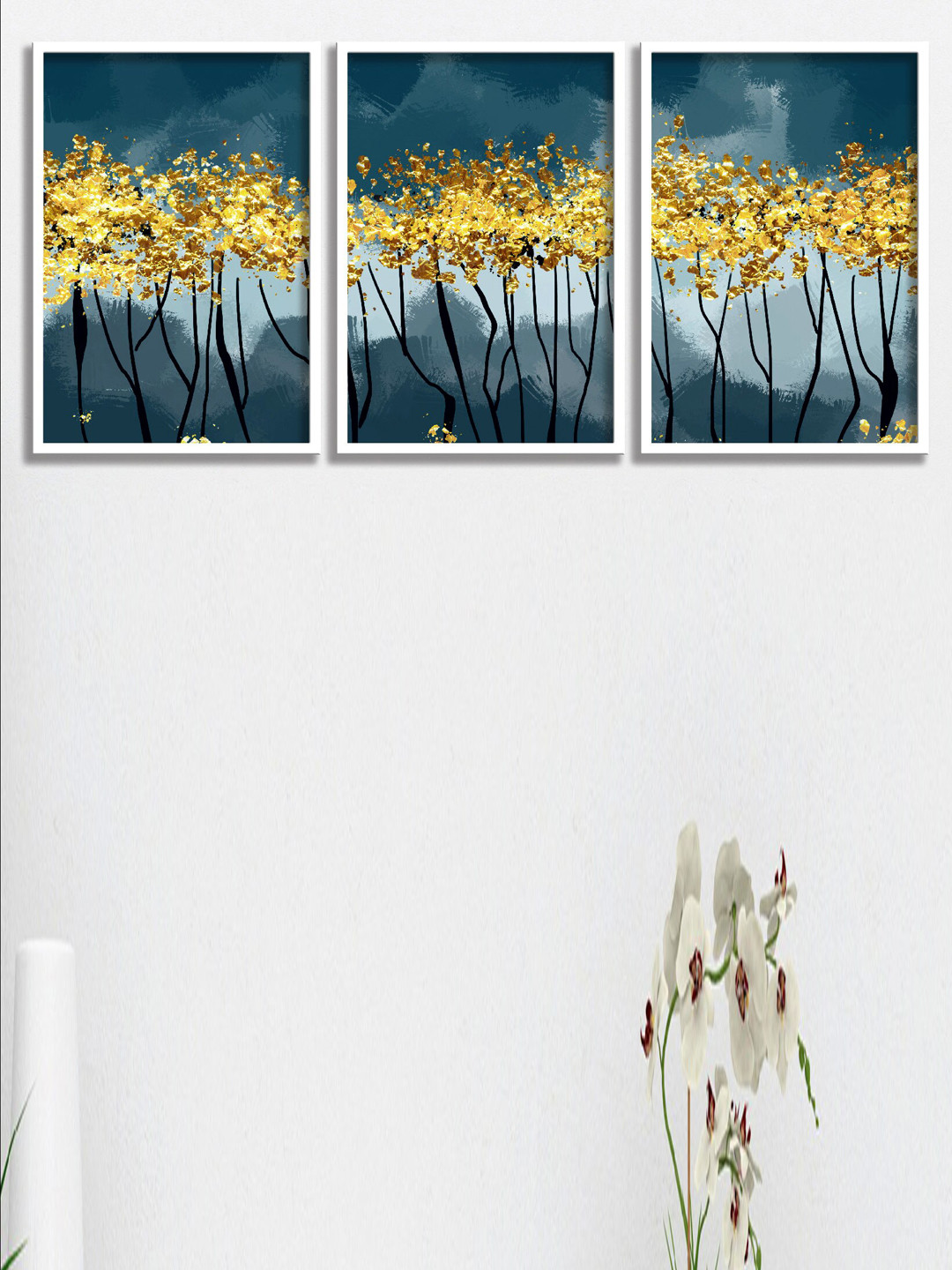 SAF Blue Wood 3 Pcs Wall Living Room Rectangle Potrait Paintings Wall Art -19.5 x 13.46In