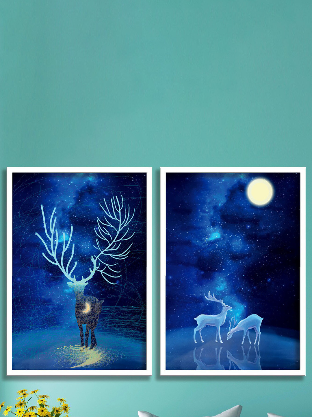 SAF Blue & White 2 Pieces Abstract Nature Art Printed Framed Wall Art