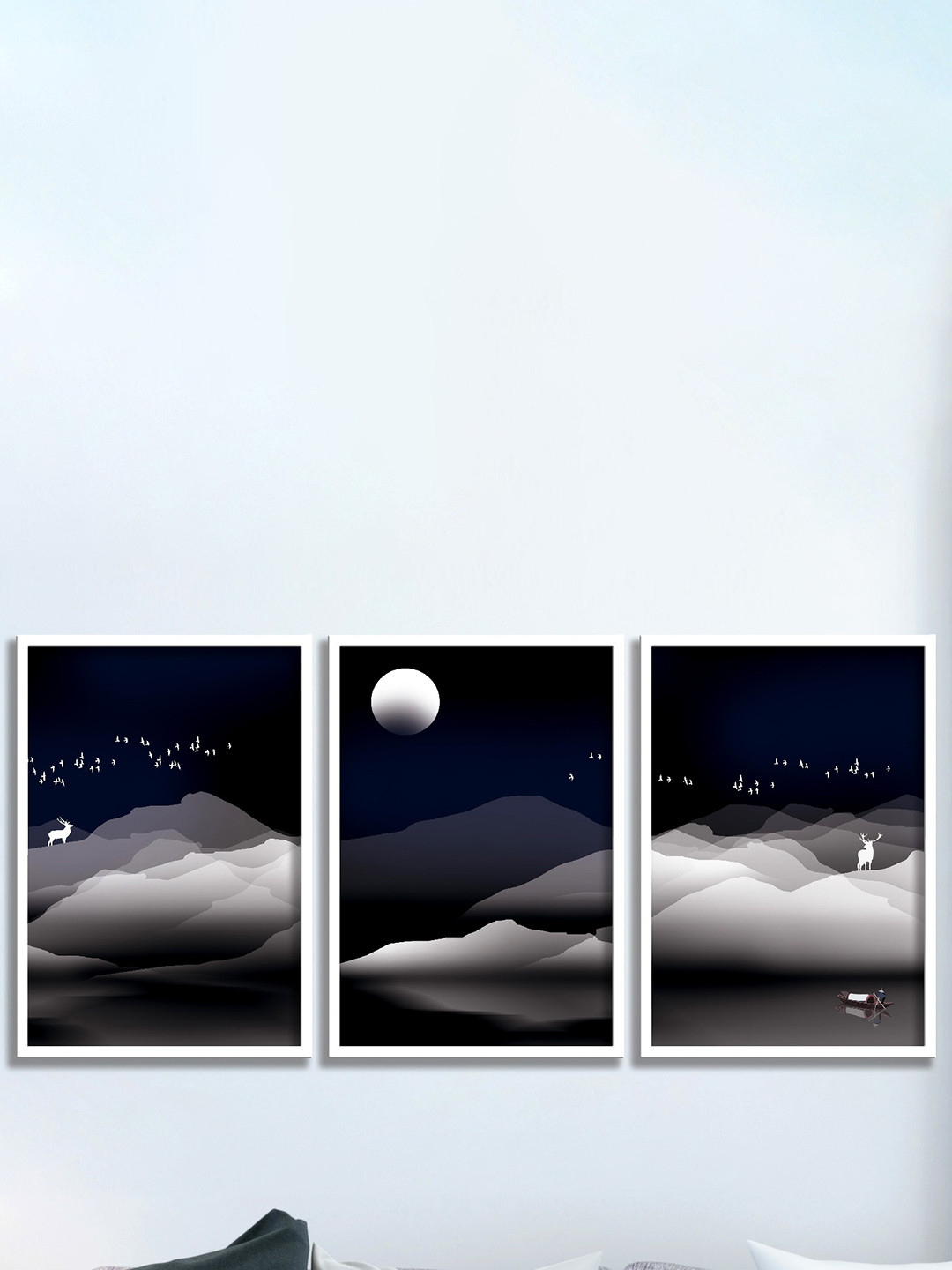 SAF Navy-Blue & Grey 3 Pieces Nature UV Textured Premium Framed Wall Art