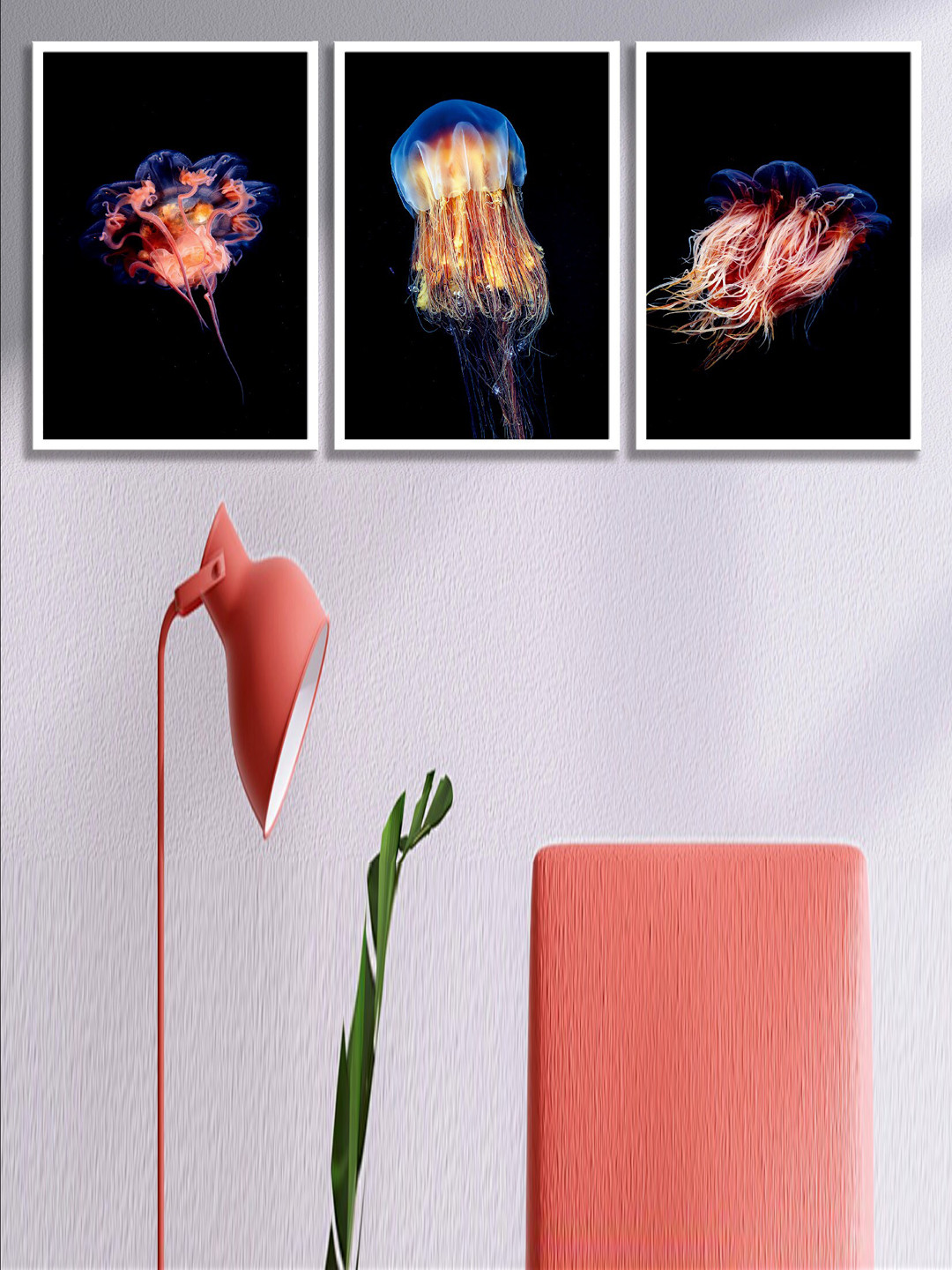 SAF Black & Pink 3-Pieces Wildlife Fish Printed Framed Wall Art