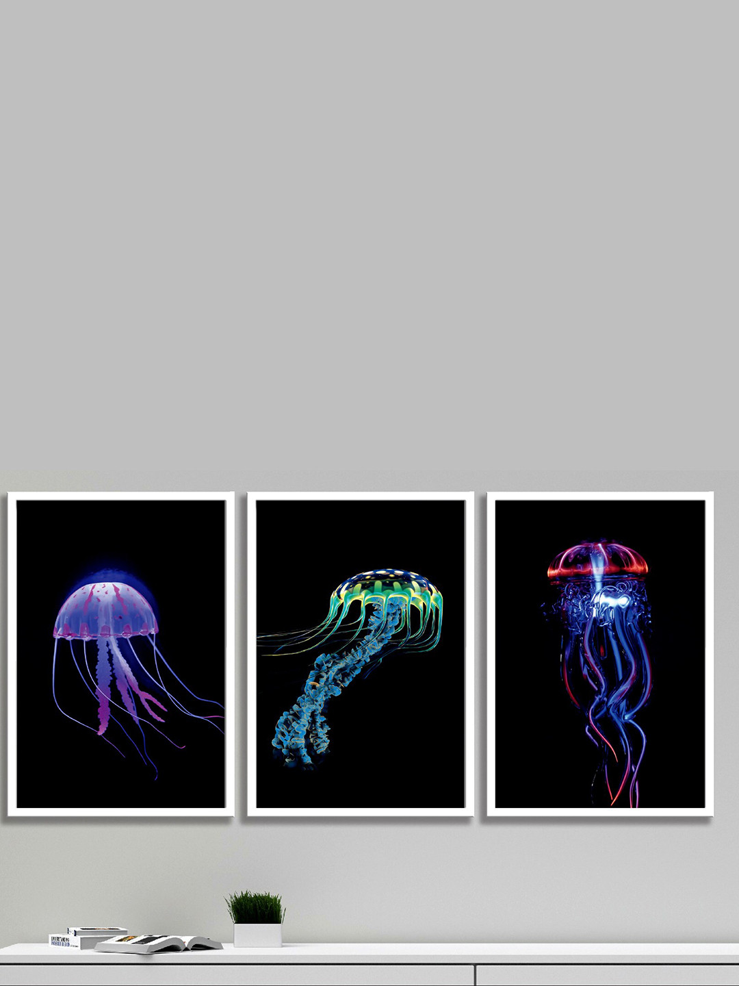 SAF Blue Paper 3 Pcs Wall Living Room Rectangle Potrait Paintings Wall Art -1.20 x 19.5In