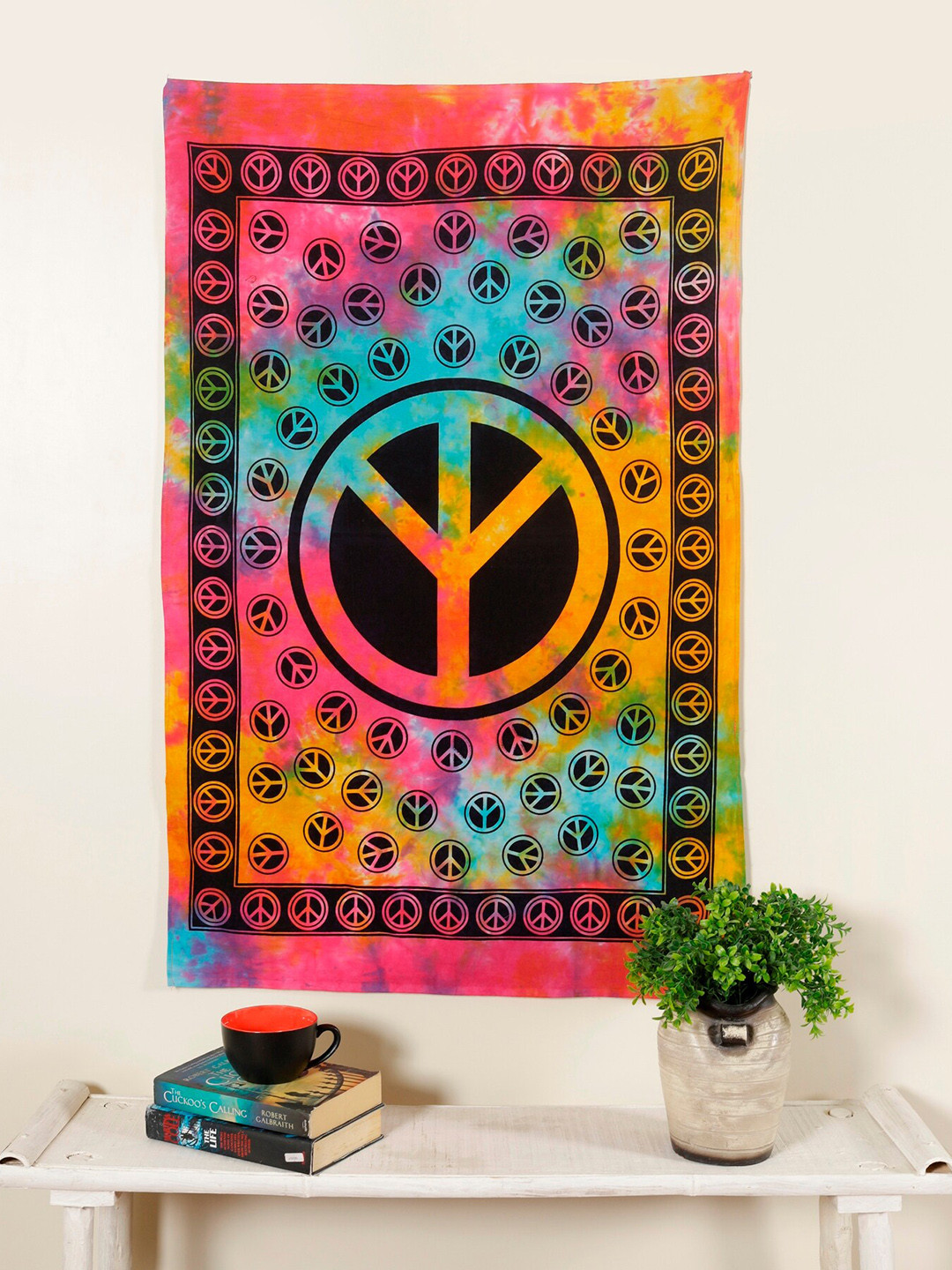 HANDICRAFT PALACE Peace Sign Pink Printed Cotton Wall Hanging Tapestry
