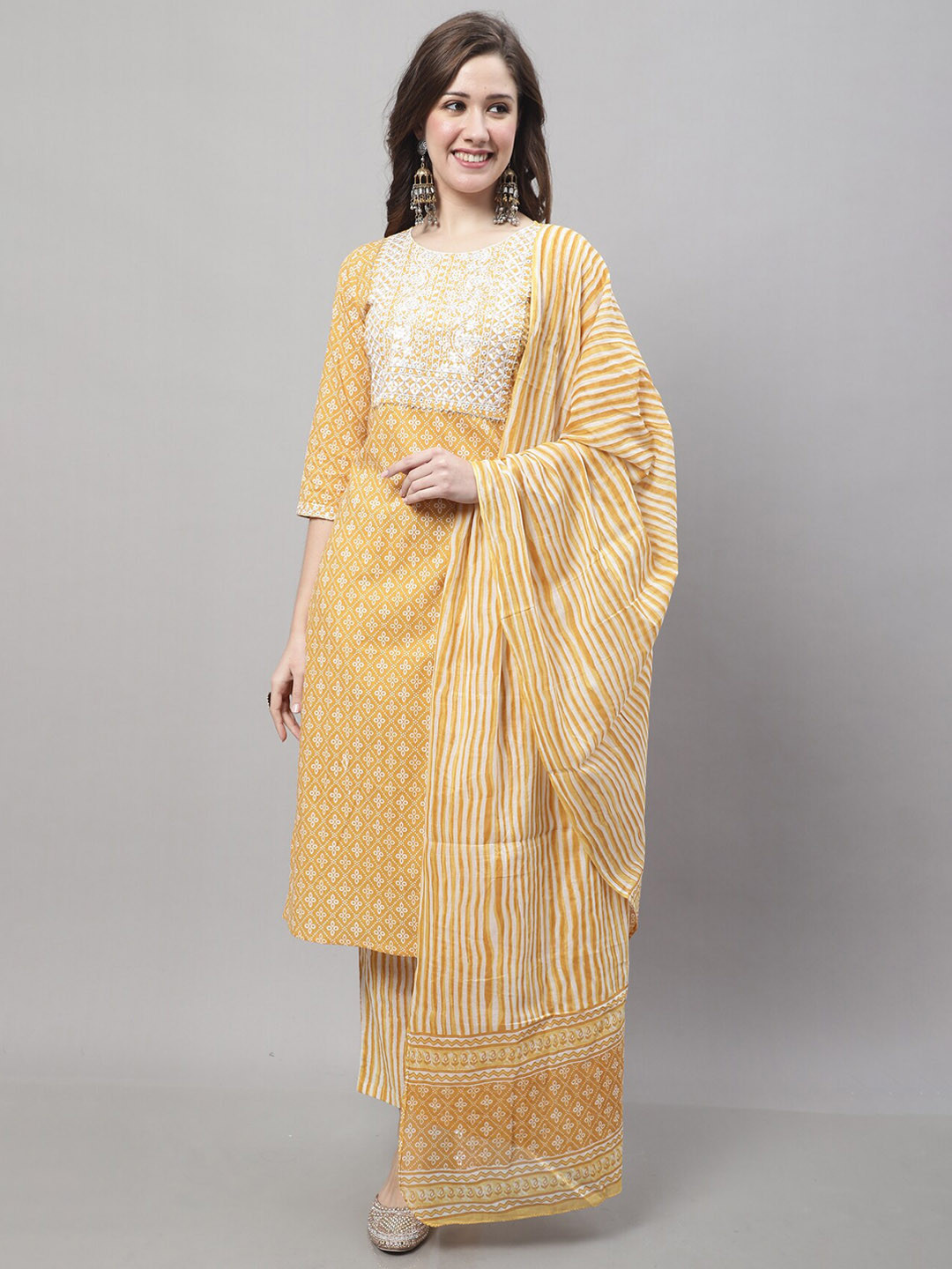 Roly Poly Ethnic Motifs Printed Thread Work Pure Cotton Kurti With Trousers & Dupatta
