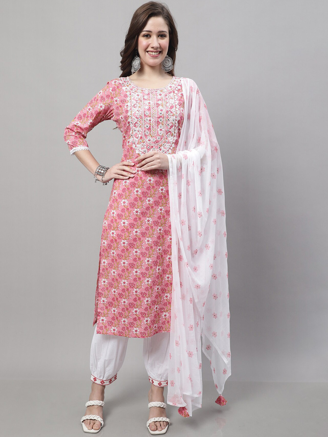 Roly Poly Floral Printed Mirror Work Pure Cotton Kurta With Harem Pants & Dupatta
