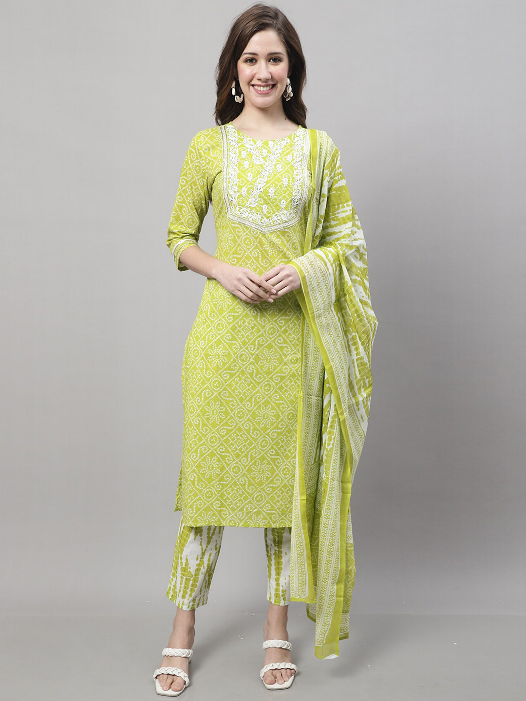 Roly Poly Bandhani Printed Thread Work Pure Cotton Kurti With Trousers & With Dupatta