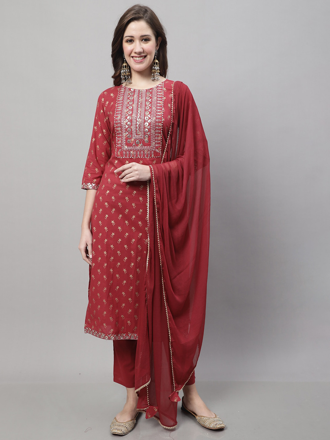Roly Poly Ethnic Motifs Printed Sequinned Pure Cotton Kurti With Trousers & With Dupatta