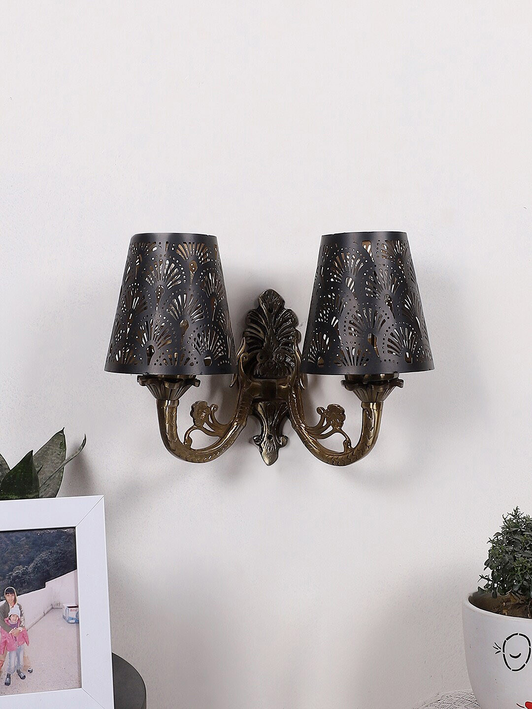 Devansh Black Textured Dual Wall Lamp With Etching Lamp Shade