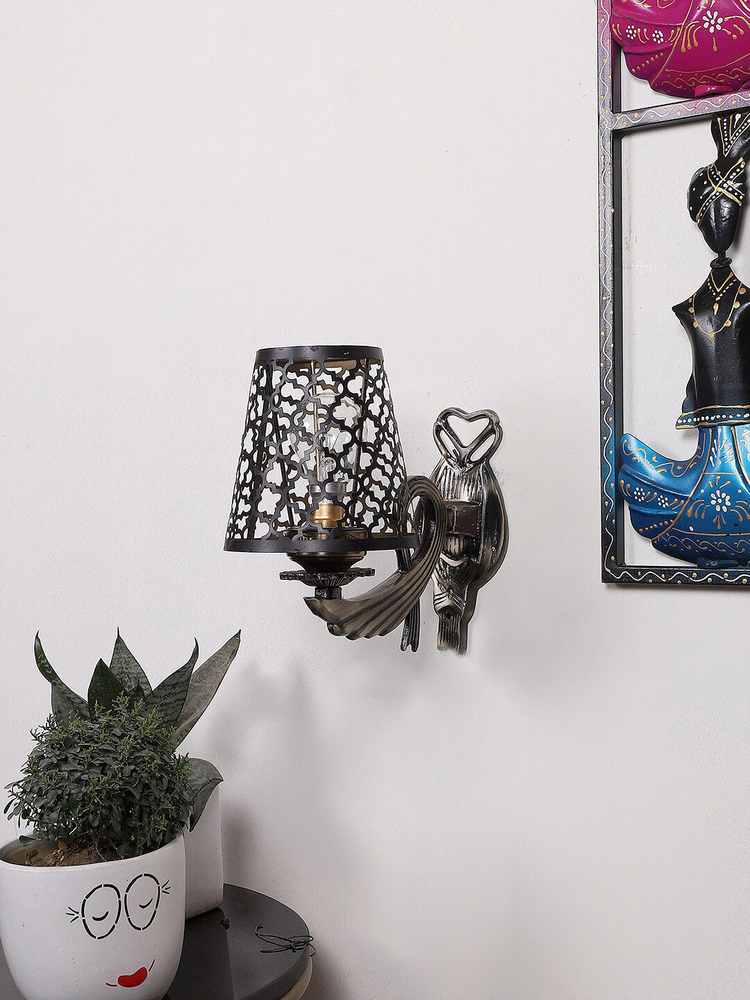 Devansh Gold Toned & Black Textured Wall Lamp With Etching Lamp Shade