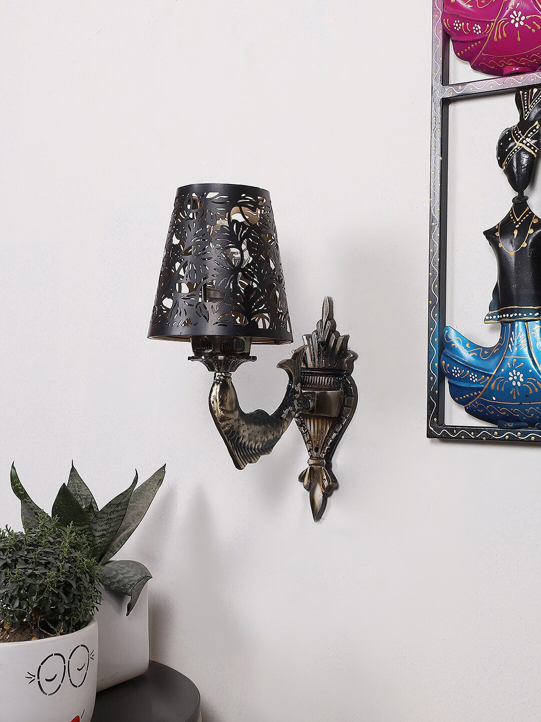 Devansh Black Textured Antique Wall Lamp With Etching Lamp Shade