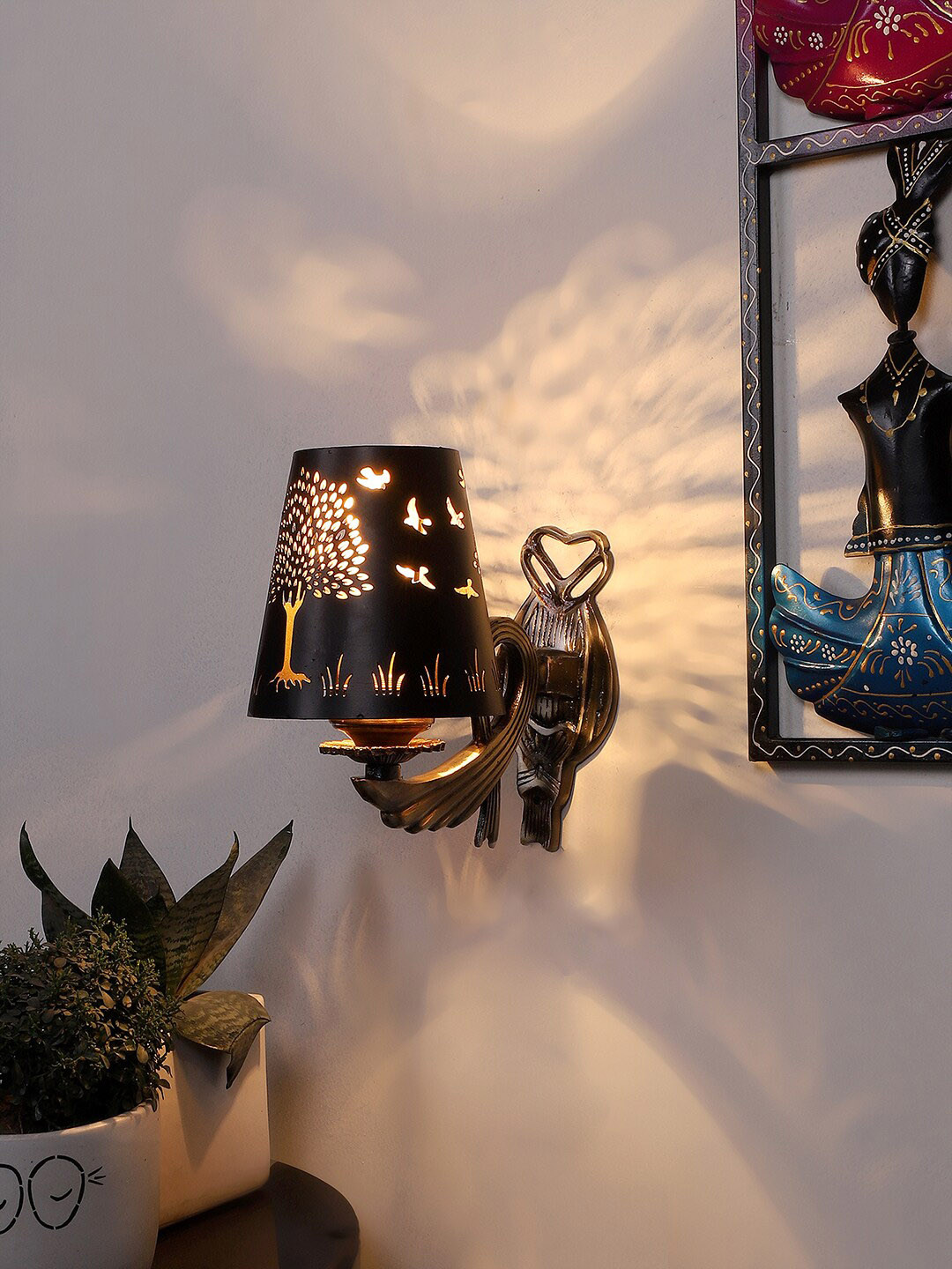 Devansh Black Textured Antique Wall Lamp With Etching Lamp Shade