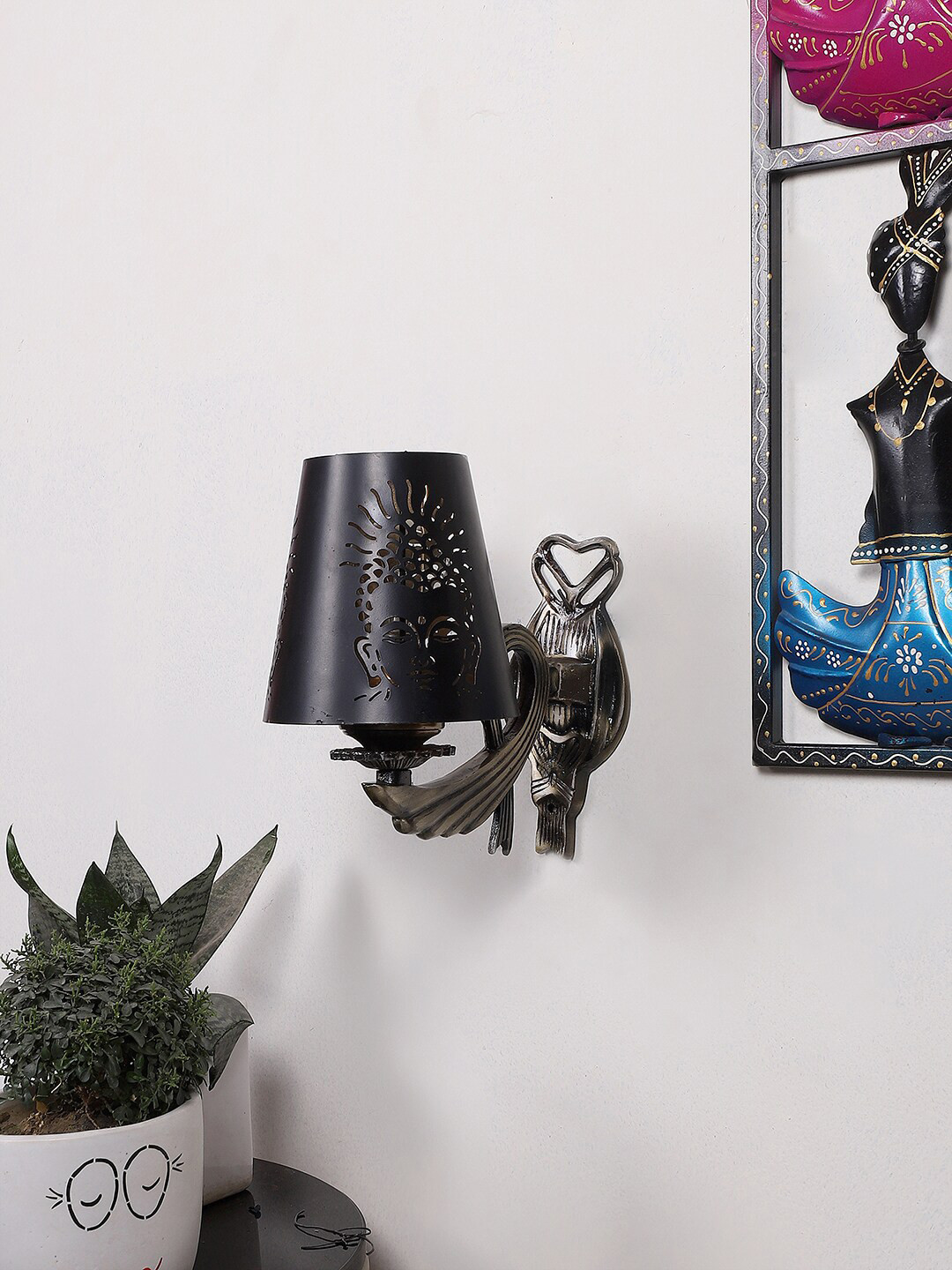 Devansh Black Textured Wall Lamp With Etching Lamp Shade