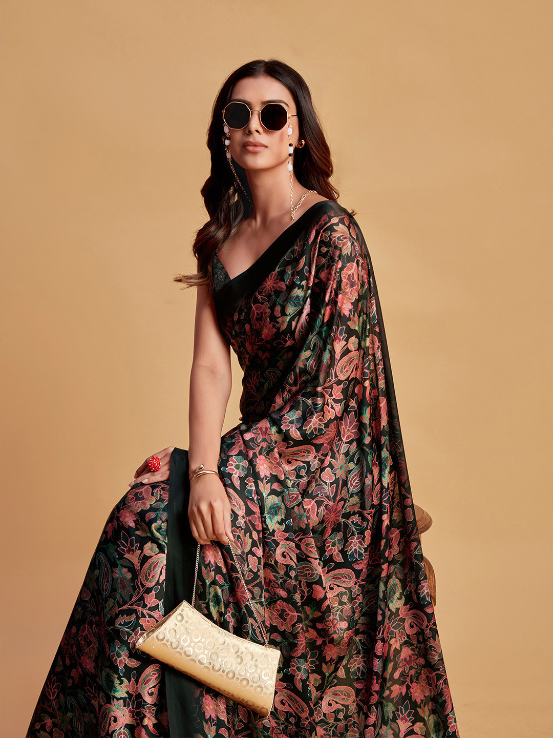 Sangria Charcoal & Pink Floral Printed Satin Saree