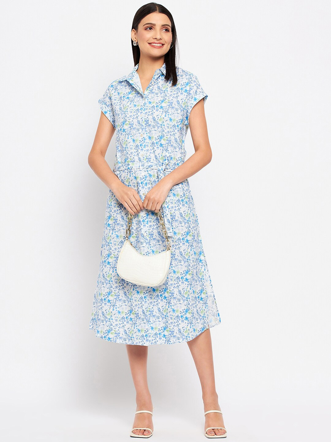 Duke Floral Printed Extended Sleeves Belted Cotton Shirt Midi Dress