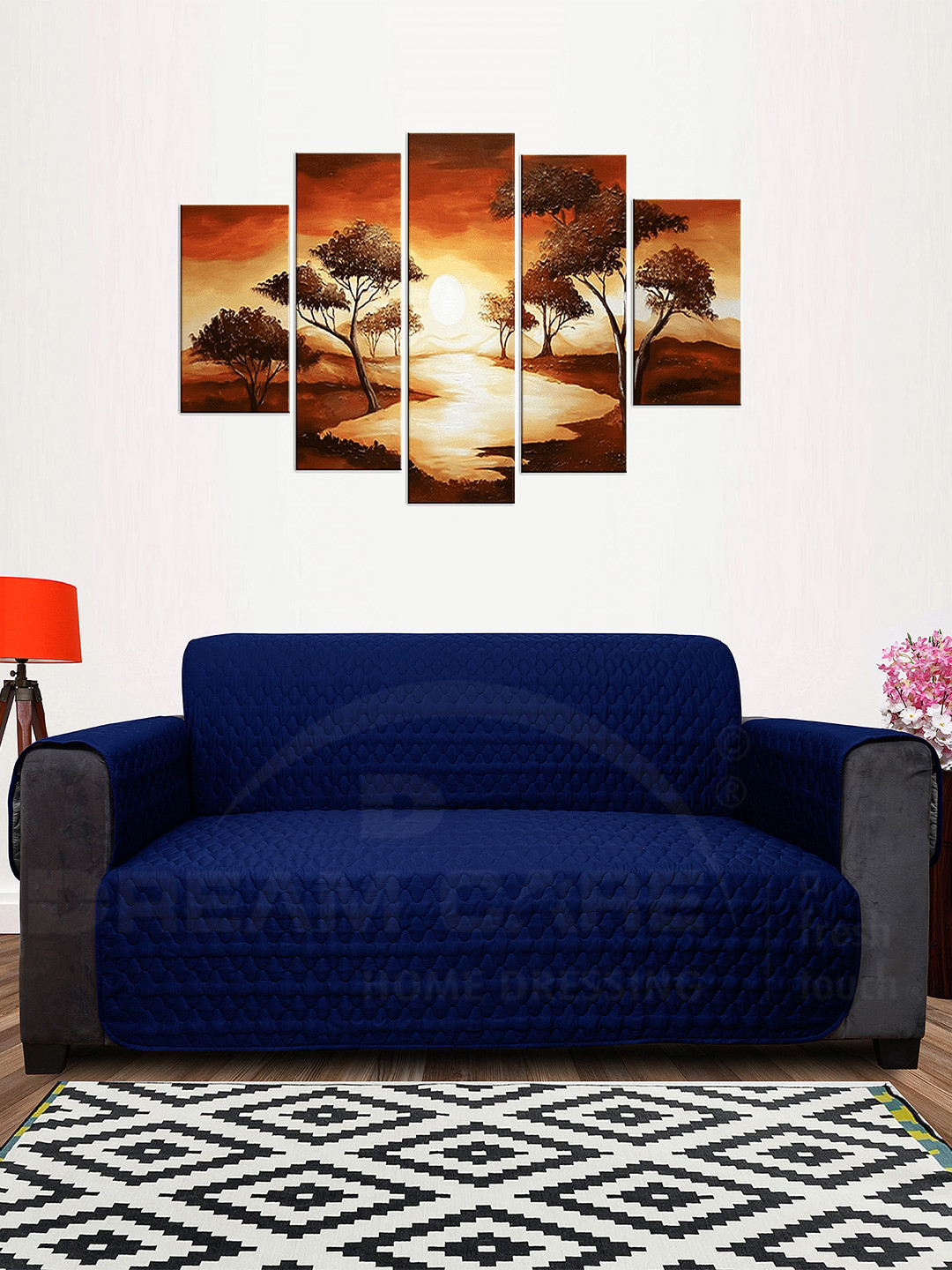 DREAM CARE Blue & Grey Quilted Reversible 4-Seater Sofa Cover