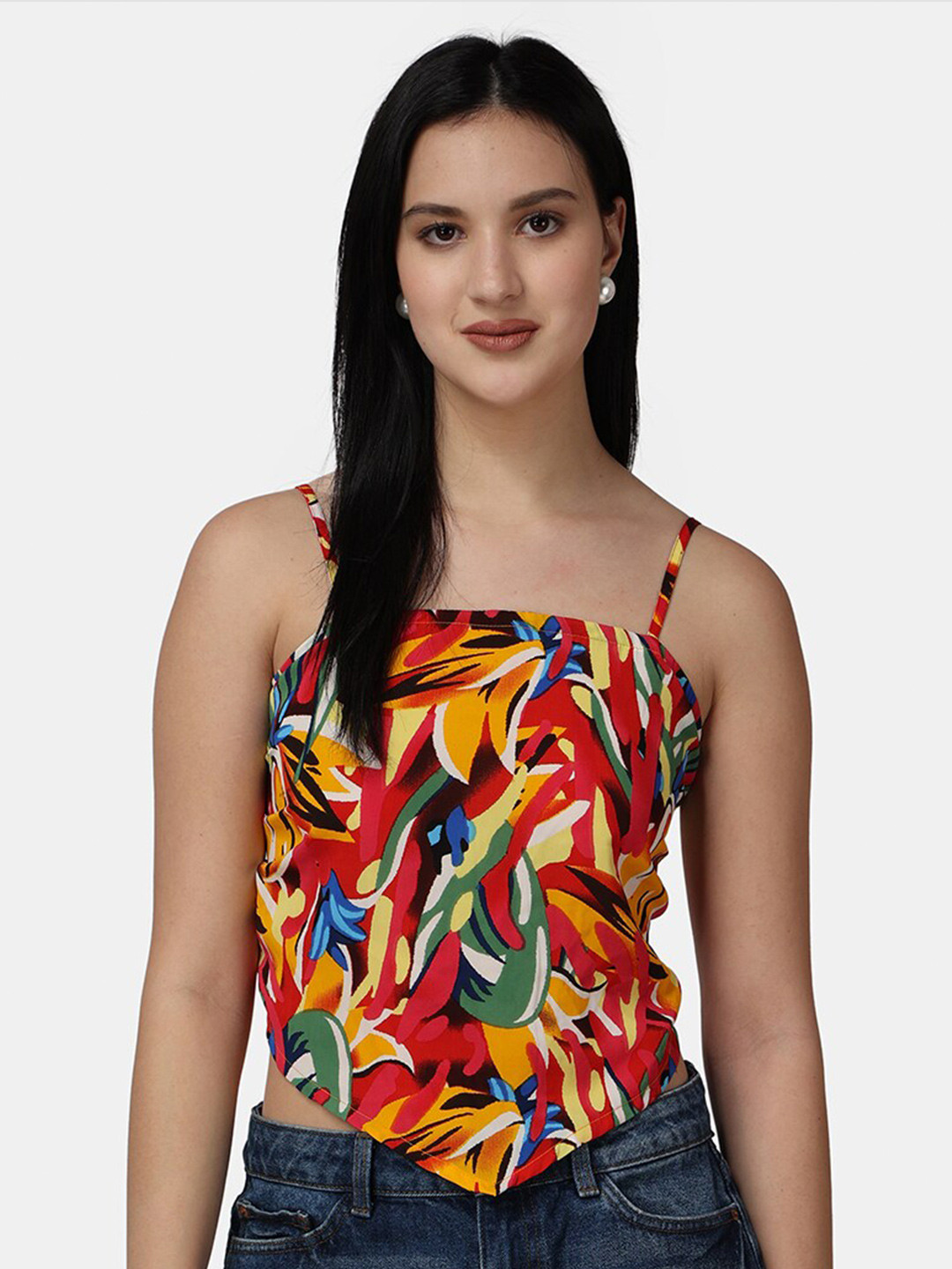 Popwings Abstract Printed Shoulder Strap Smocking Regular Top