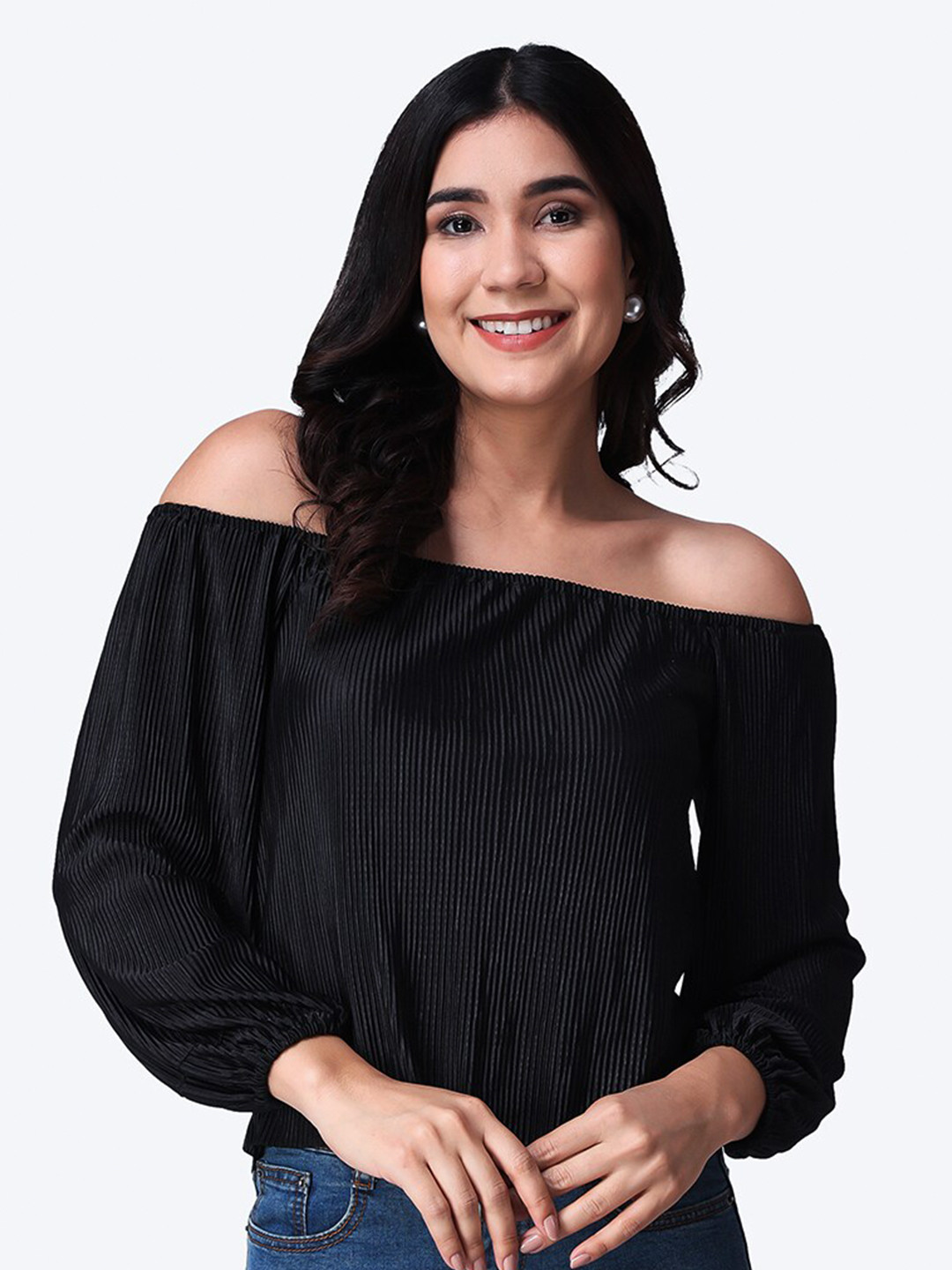 Popwings Self Design Off-Shoulder Puff Sleeves Bardot Top