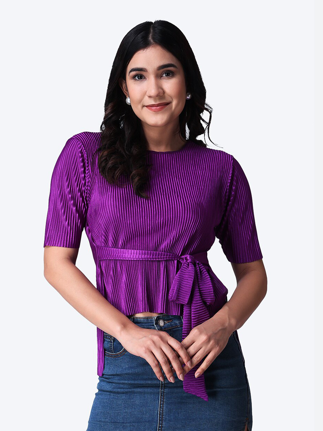 Popwings Vertical Striped Waist Tie Ups Top